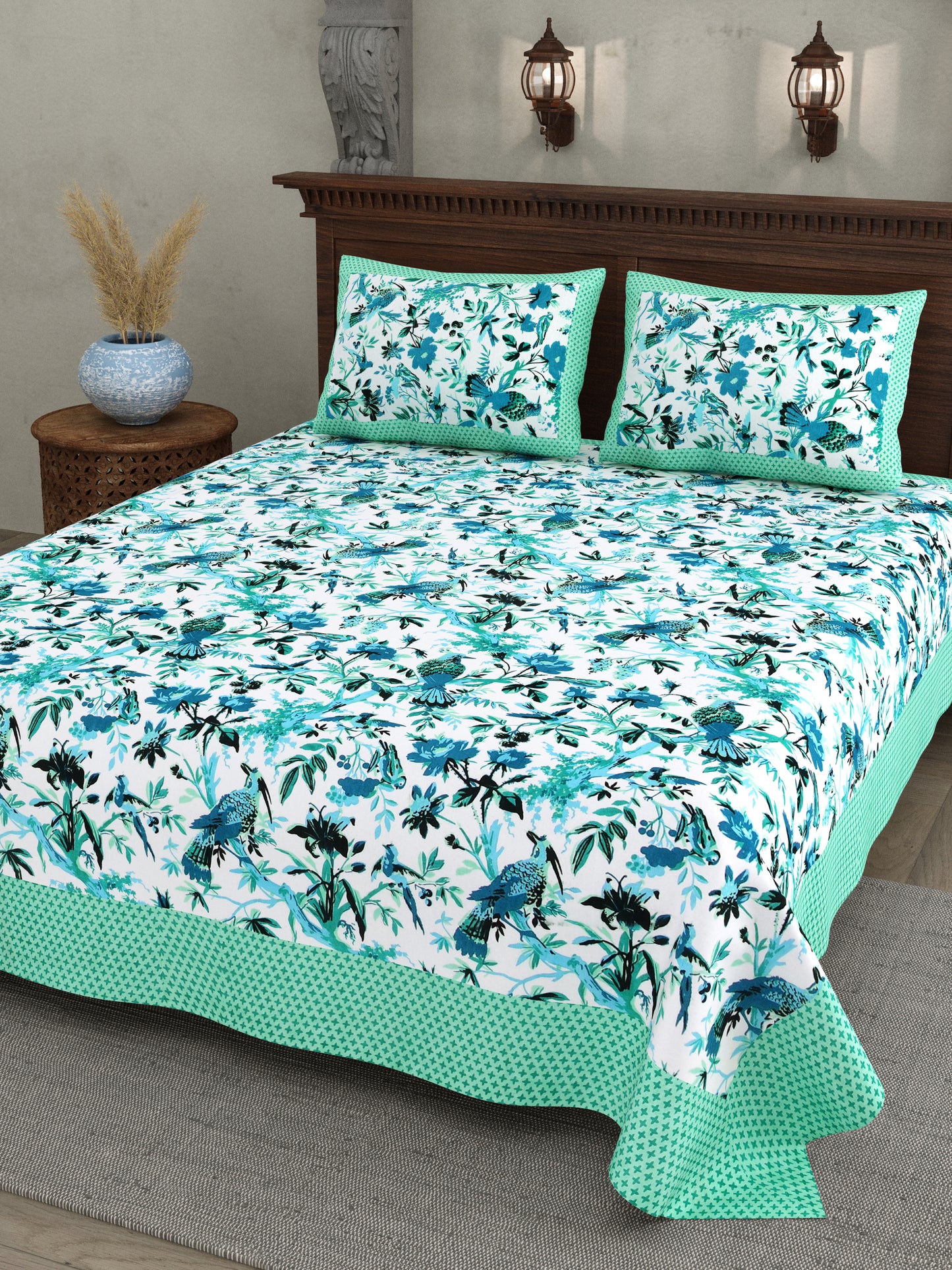 Blue Peacock Cotton Bedsheet – Aqua Green Border