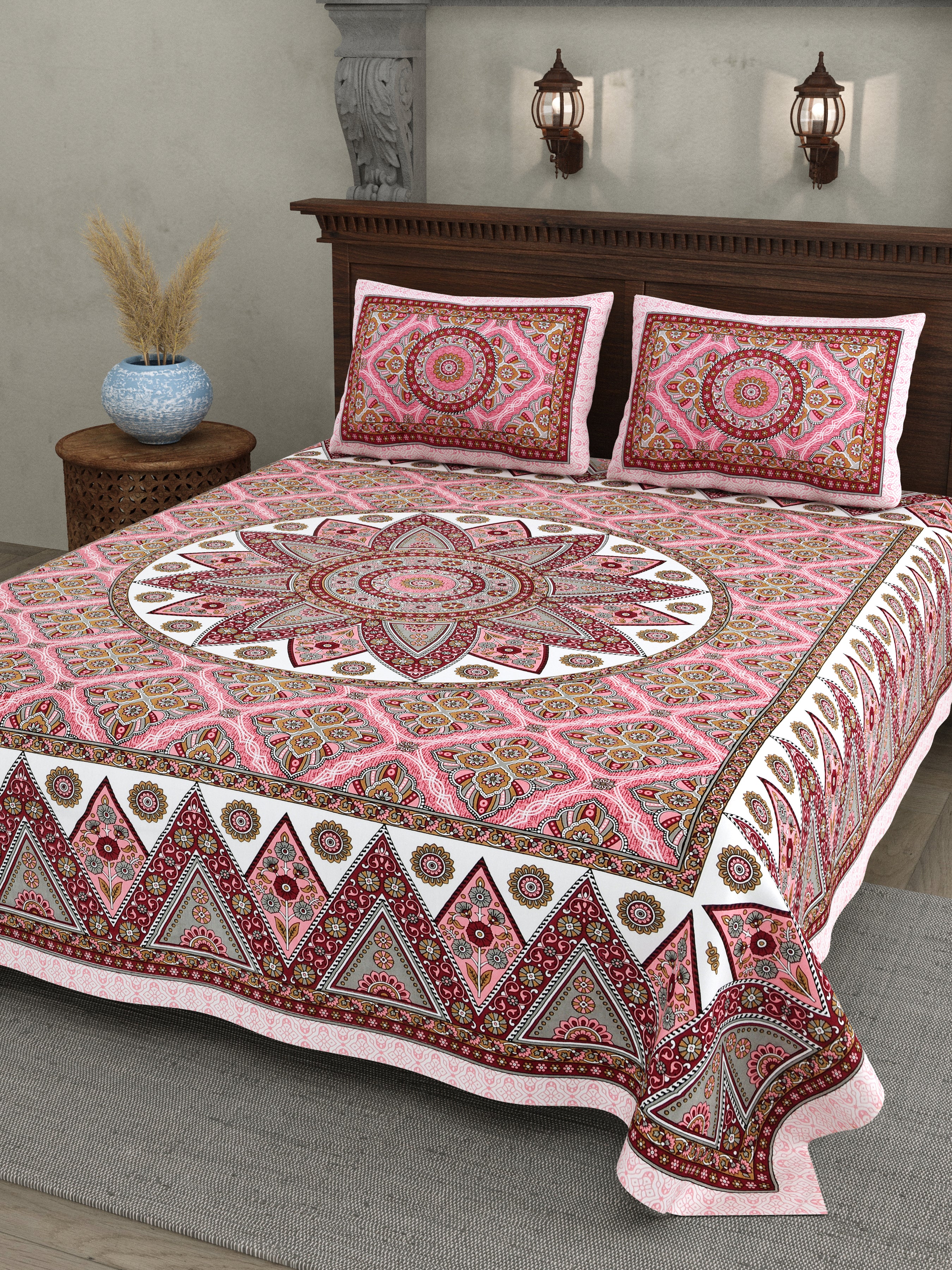 Mandala Art Cotton Bedsheet – Rose & Maroon Palace Charm