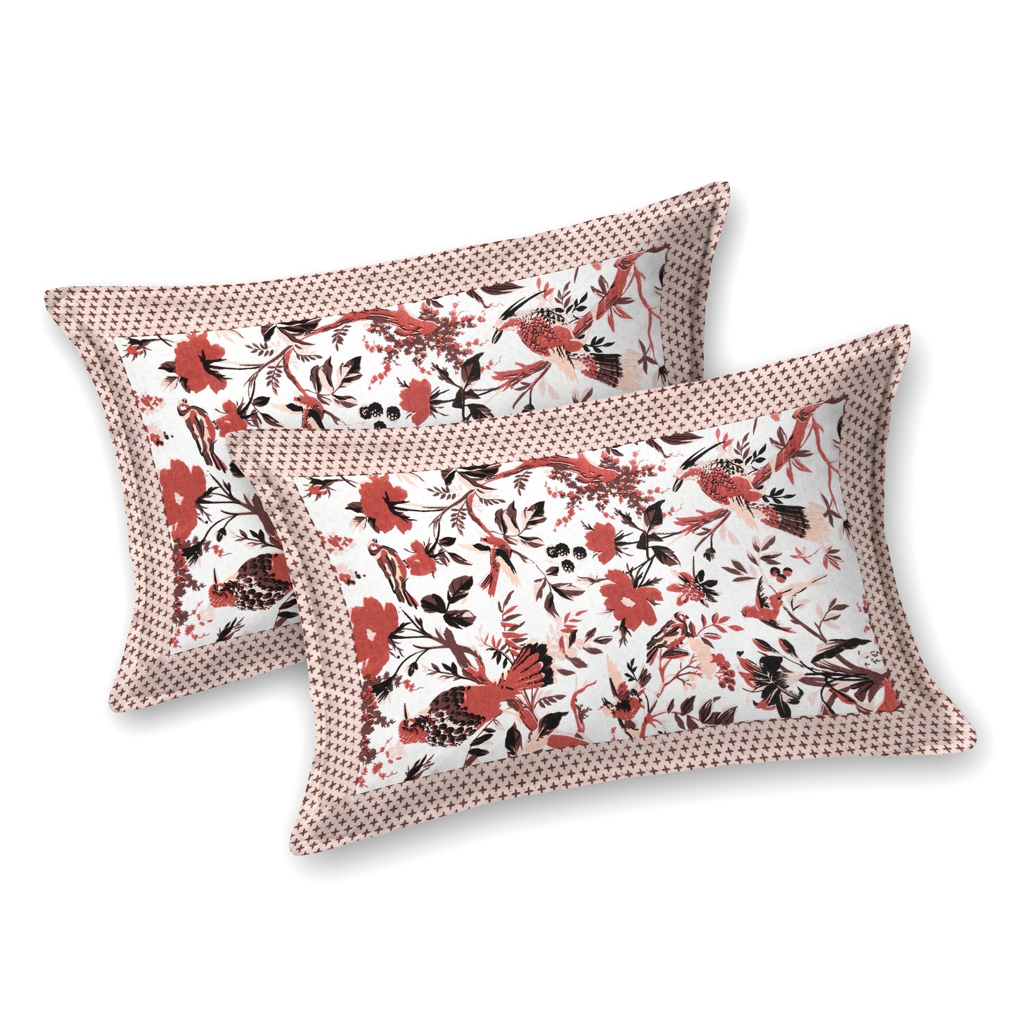 Red Floral Peacock Cotton Bedsheet – Beige Polka Border