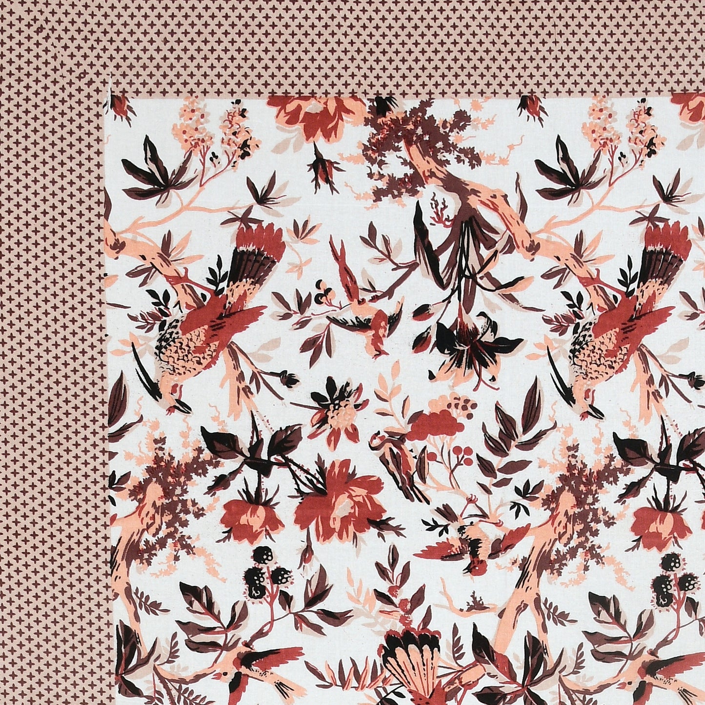 Red Floral Peacock Cotton Bedsheet – Beige Polka Border