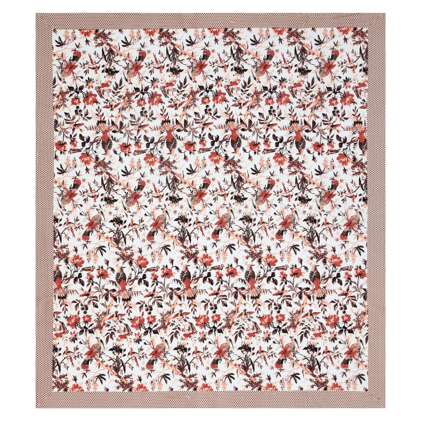 Red Floral Peacock Cotton Bedsheet – Beige Polka Border