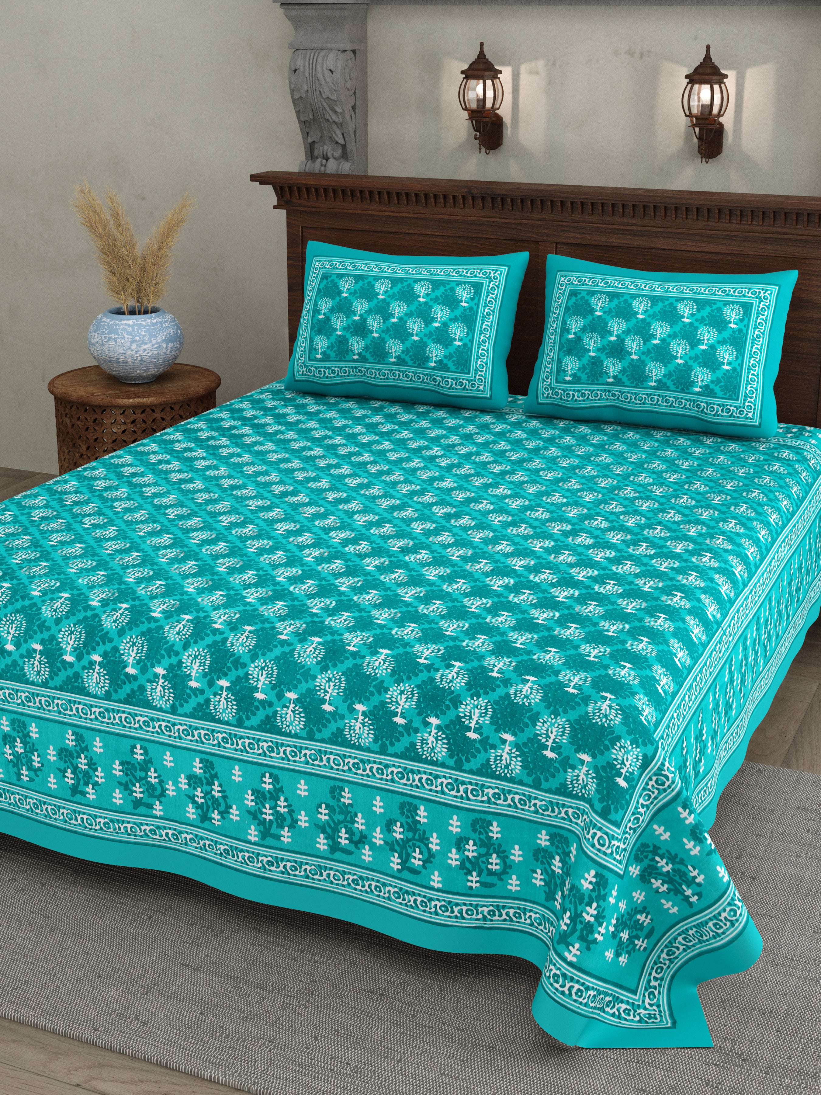 Jaipuri Floral Buti Cotton Bedsheet – Teal Lagoon Charm