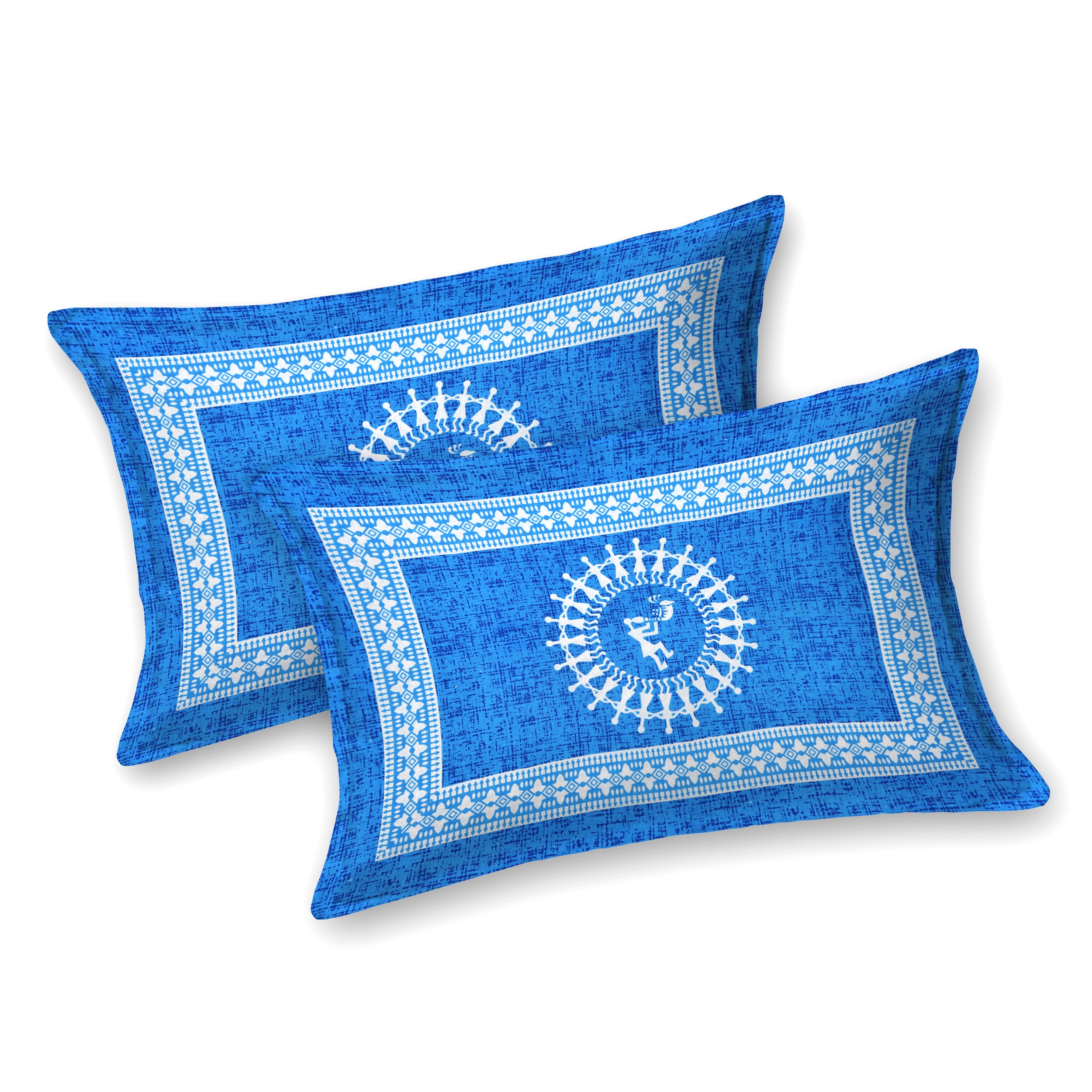 Blue Warli Art Cotton Bedsheet – Tribal Dance Print