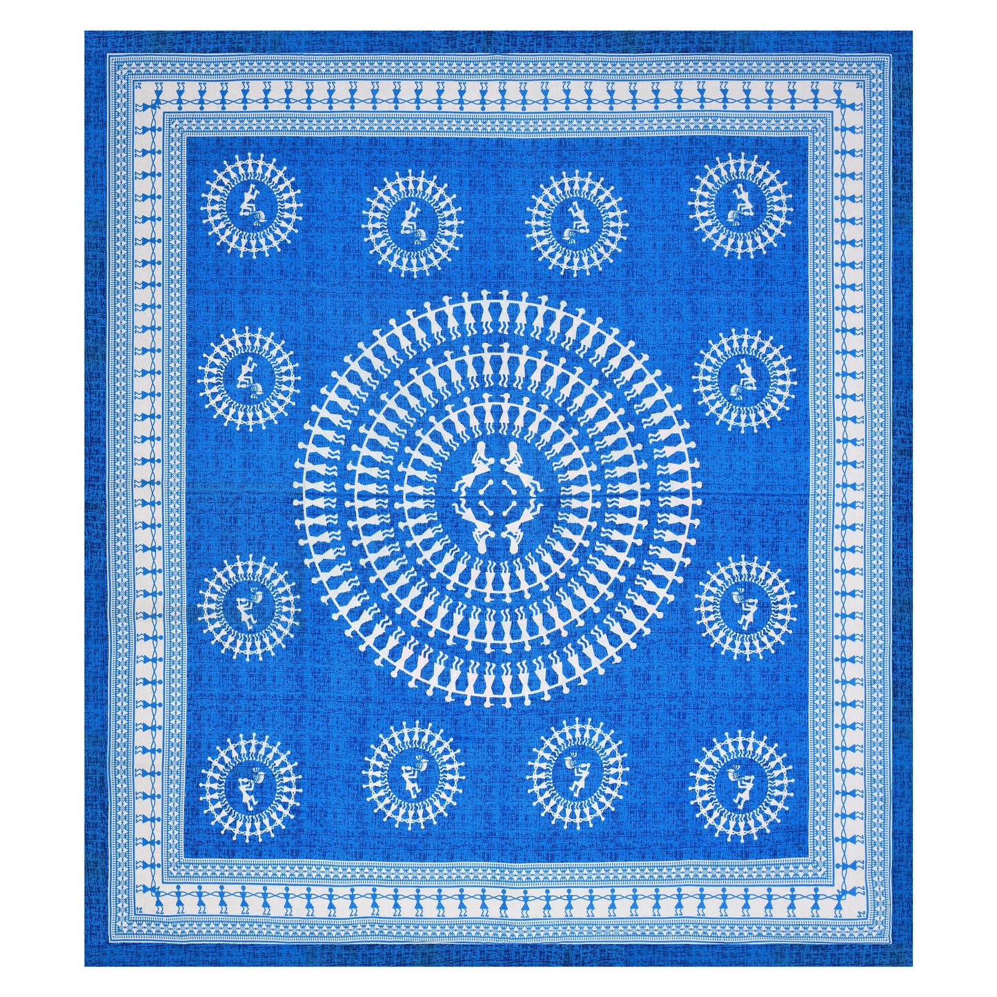 Blue Warli Art Cotton Bedsheet – Tribal Dance Print