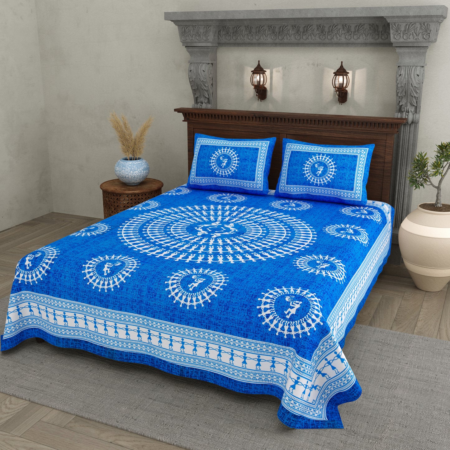 Blue Warli Art Cotton Bedsheet – Tribal Dance Print