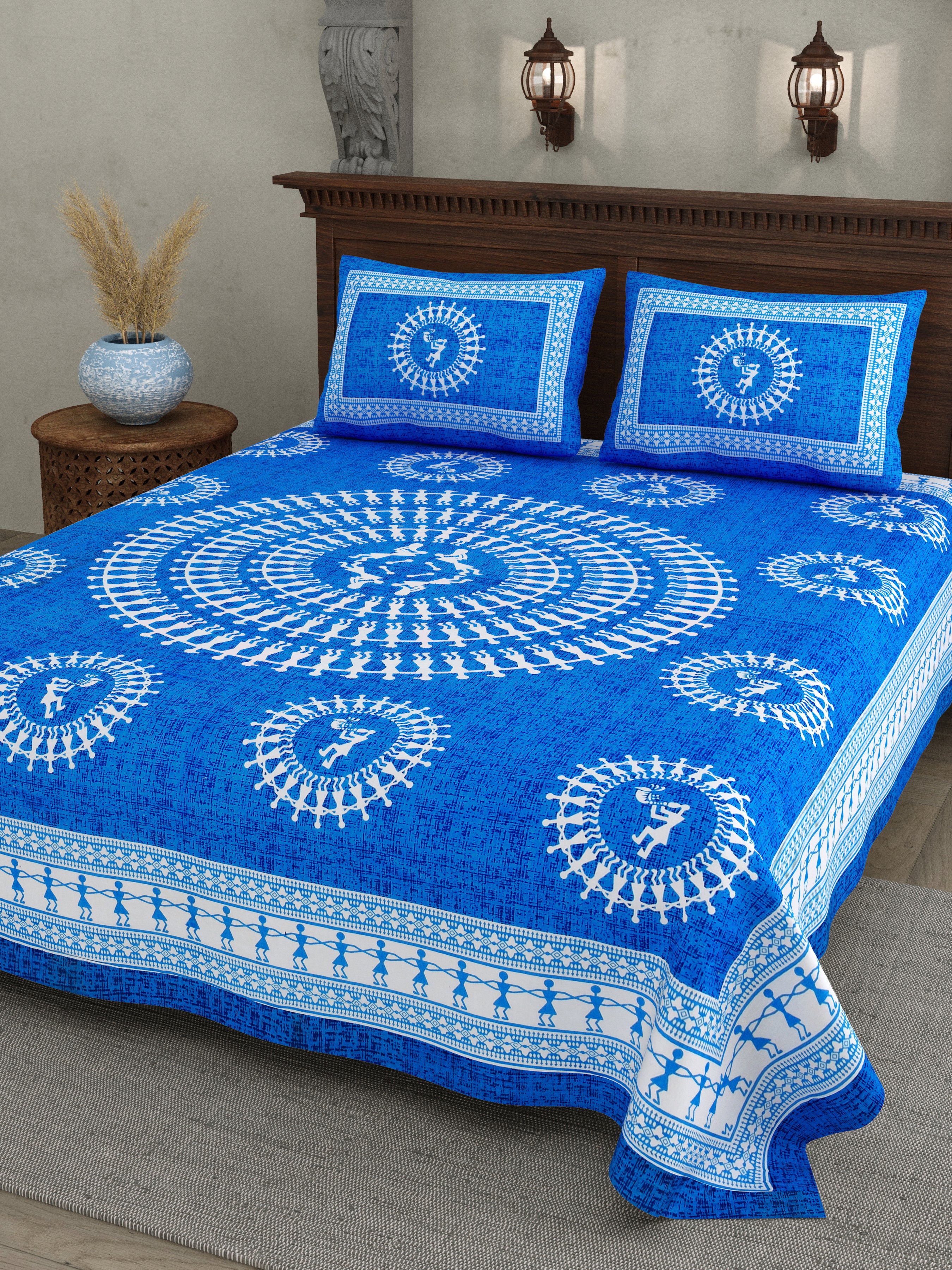 Blue Warli Art Cotton Bedsheet – Tribal Dance Print