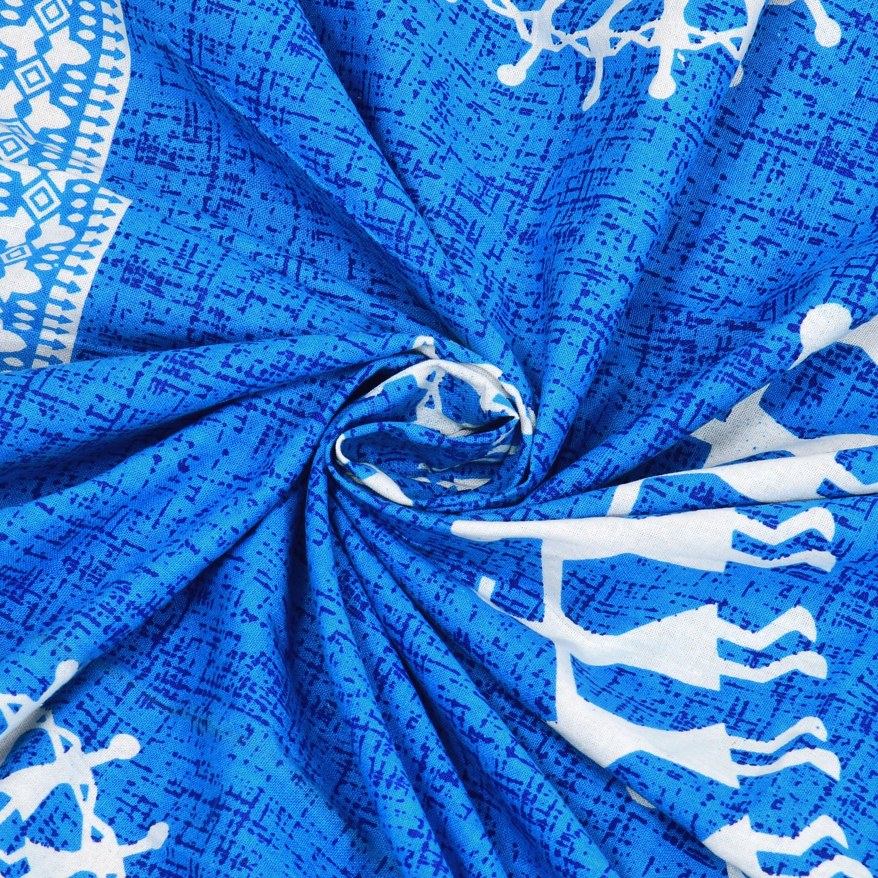 Blue Warli Art Cotton Bedsheet – Tribal Dance Print