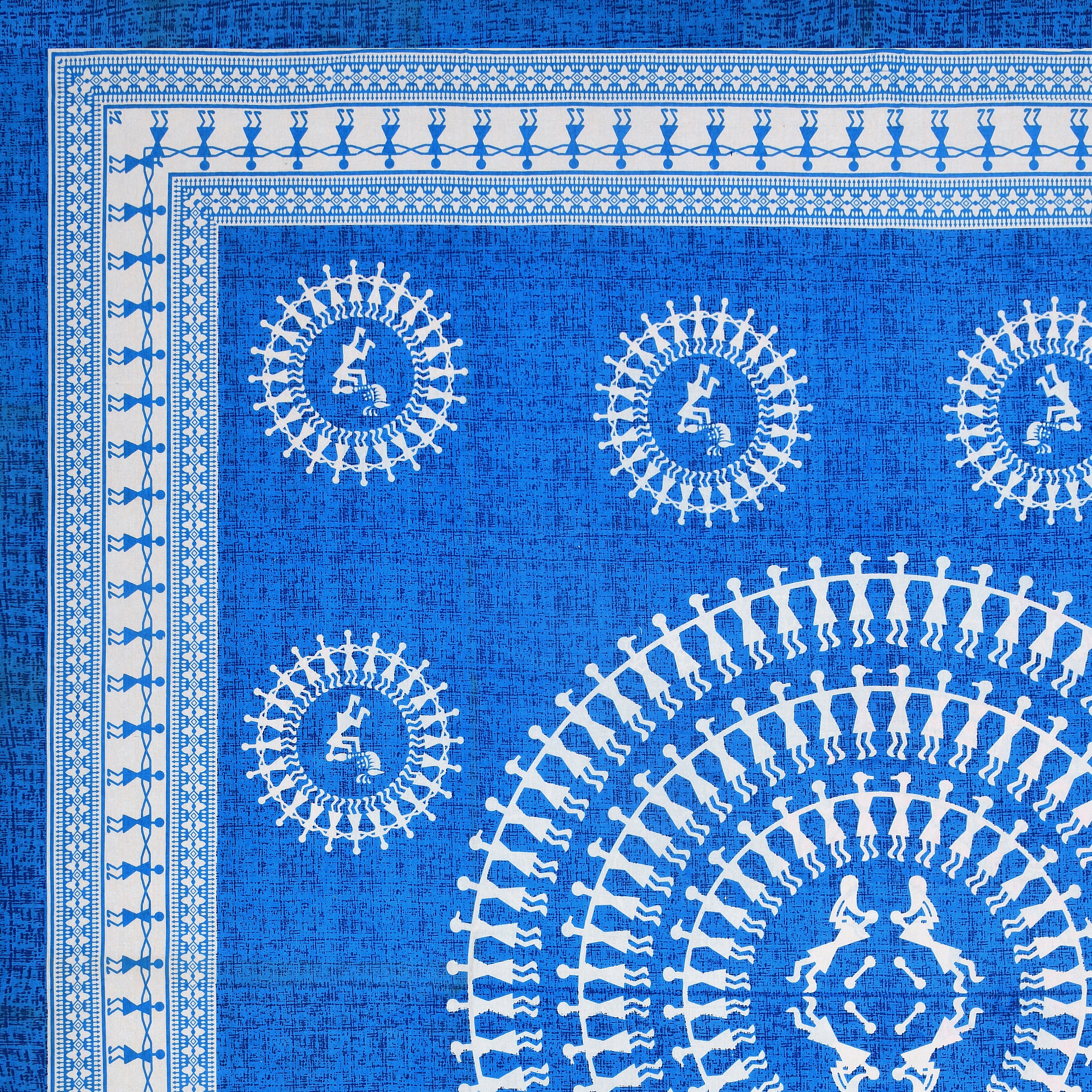 Blue Warli Art Cotton Bedsheet – Tribal Dance Print