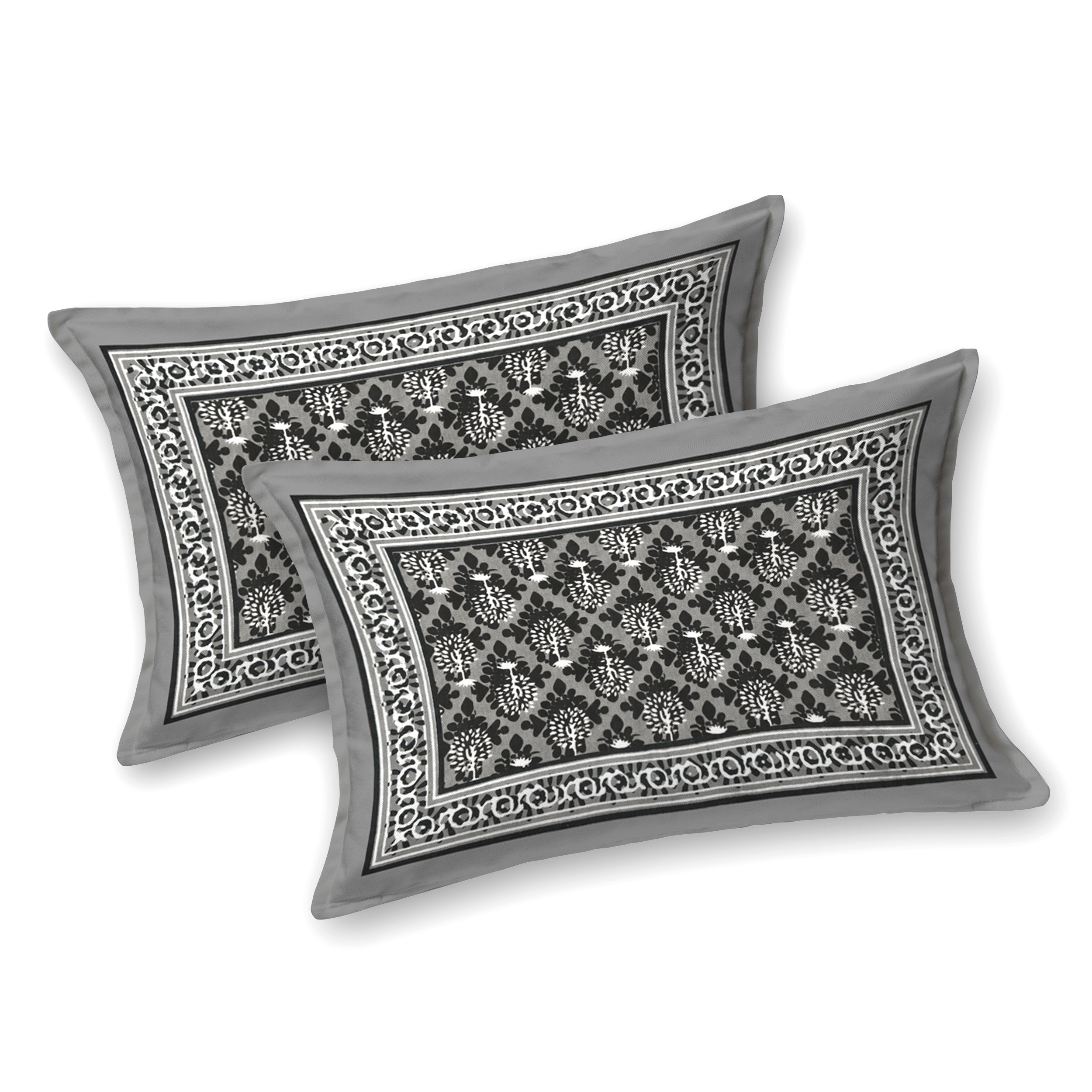 Jaipuri Floral Buti Cotton Bedsheet – Black & Grey Monochrome Elegance