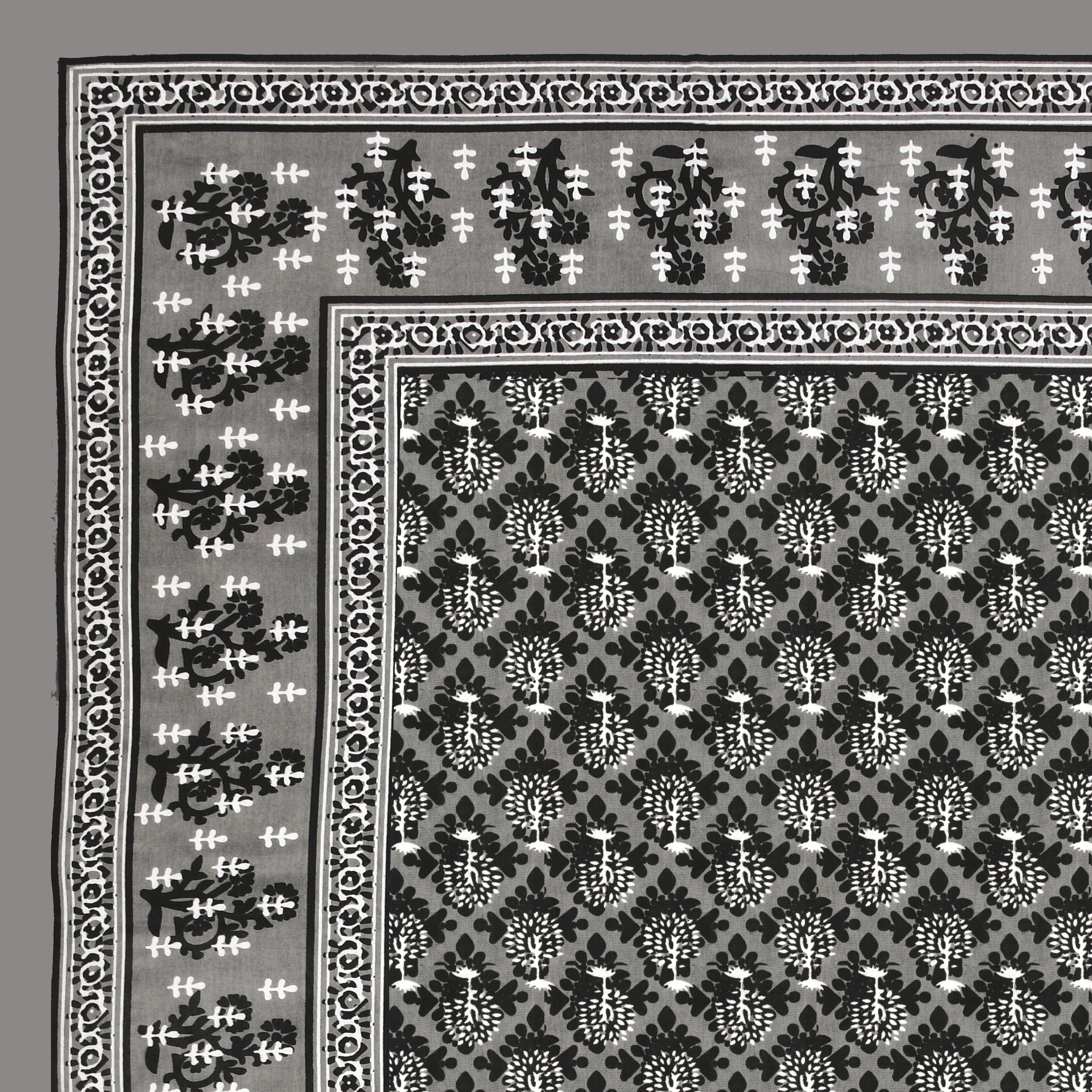 Jaipuri Floral Buti Cotton Bedsheet – Black & Grey Monochrome Elegance