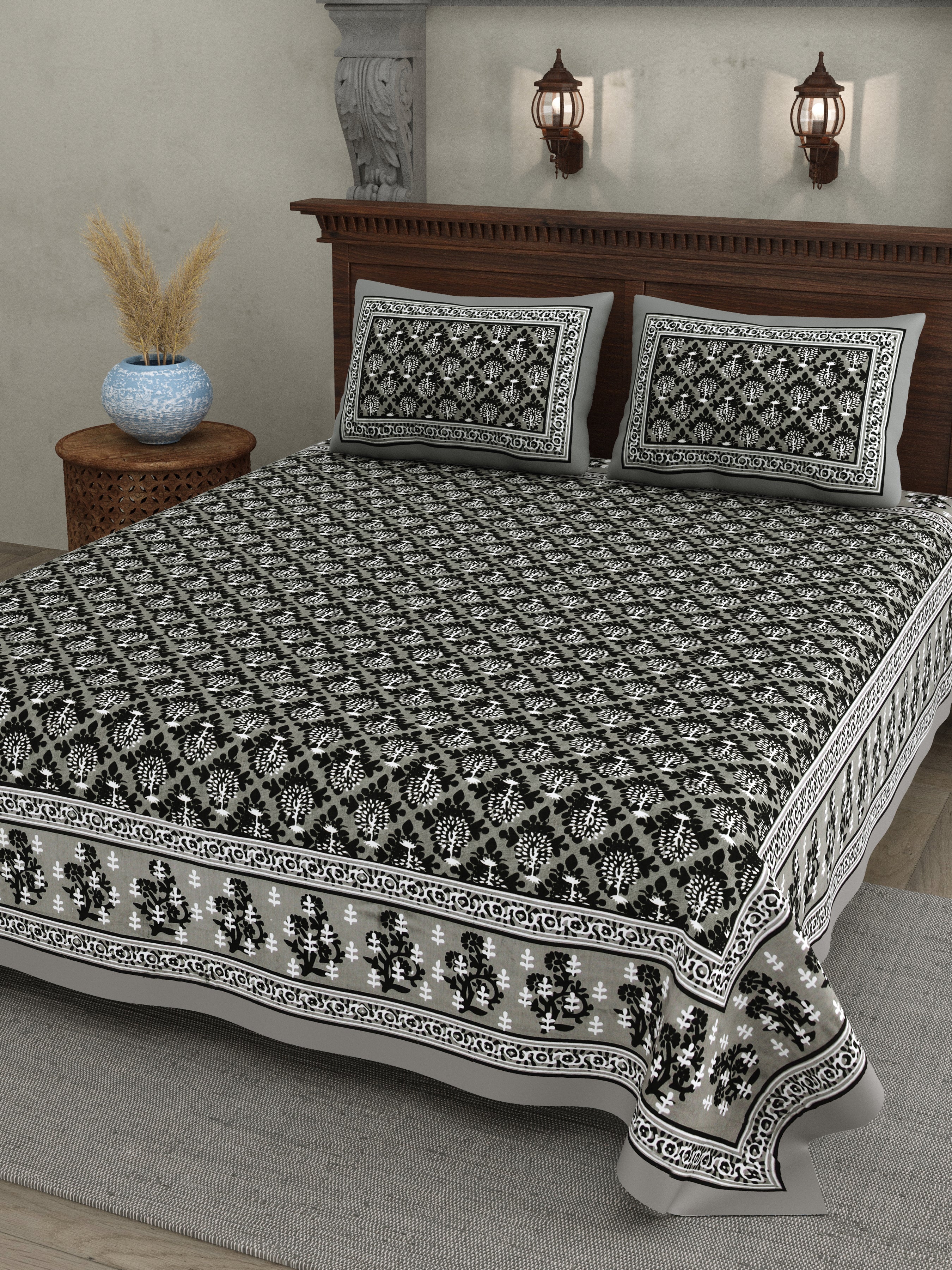 Jaipuri Floral Buti Cotton Bedsheet – Black & Grey Monochrome Elegance