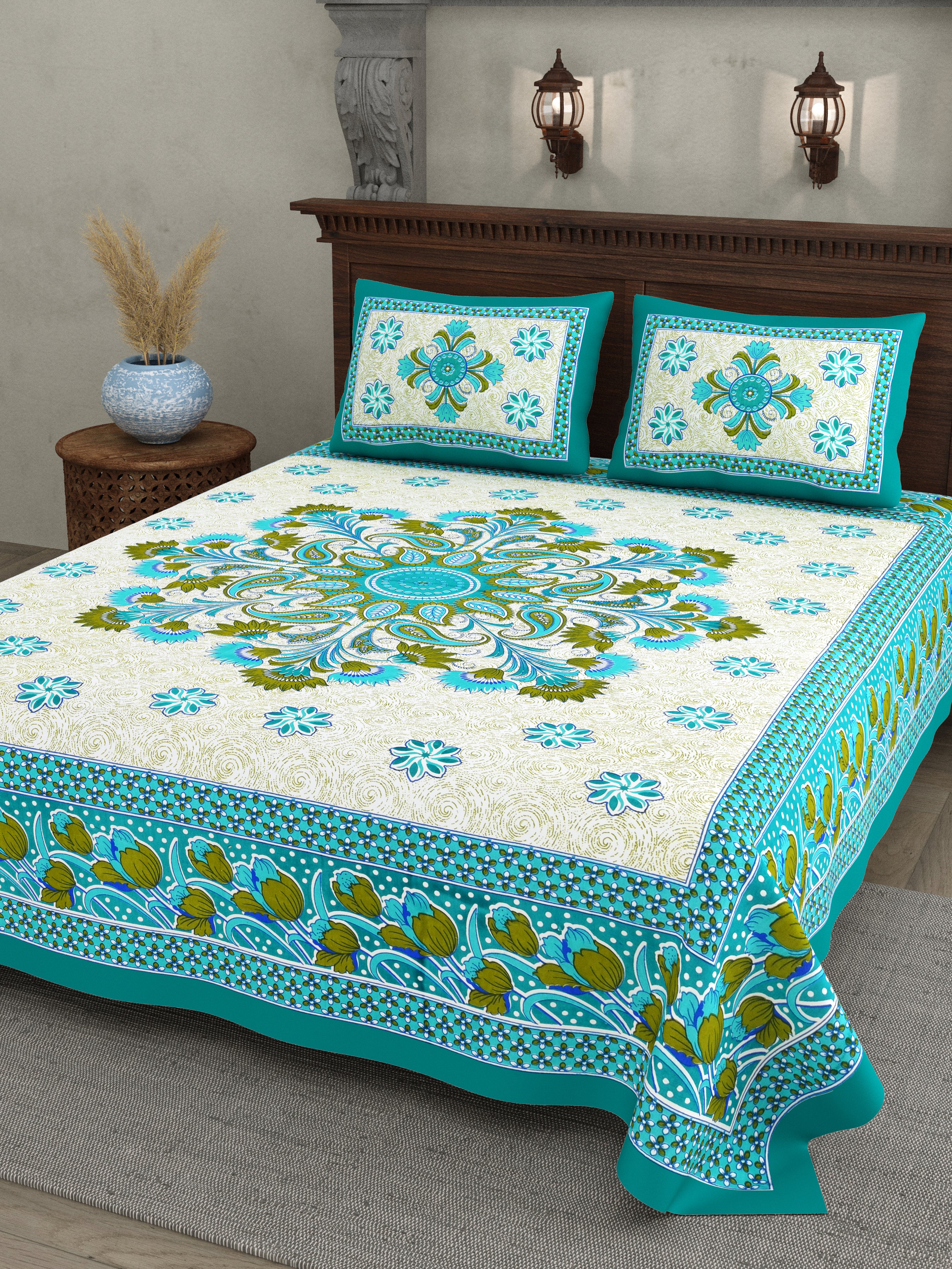 Royal Bloom Cotton Bedsheet – Turquoise Green