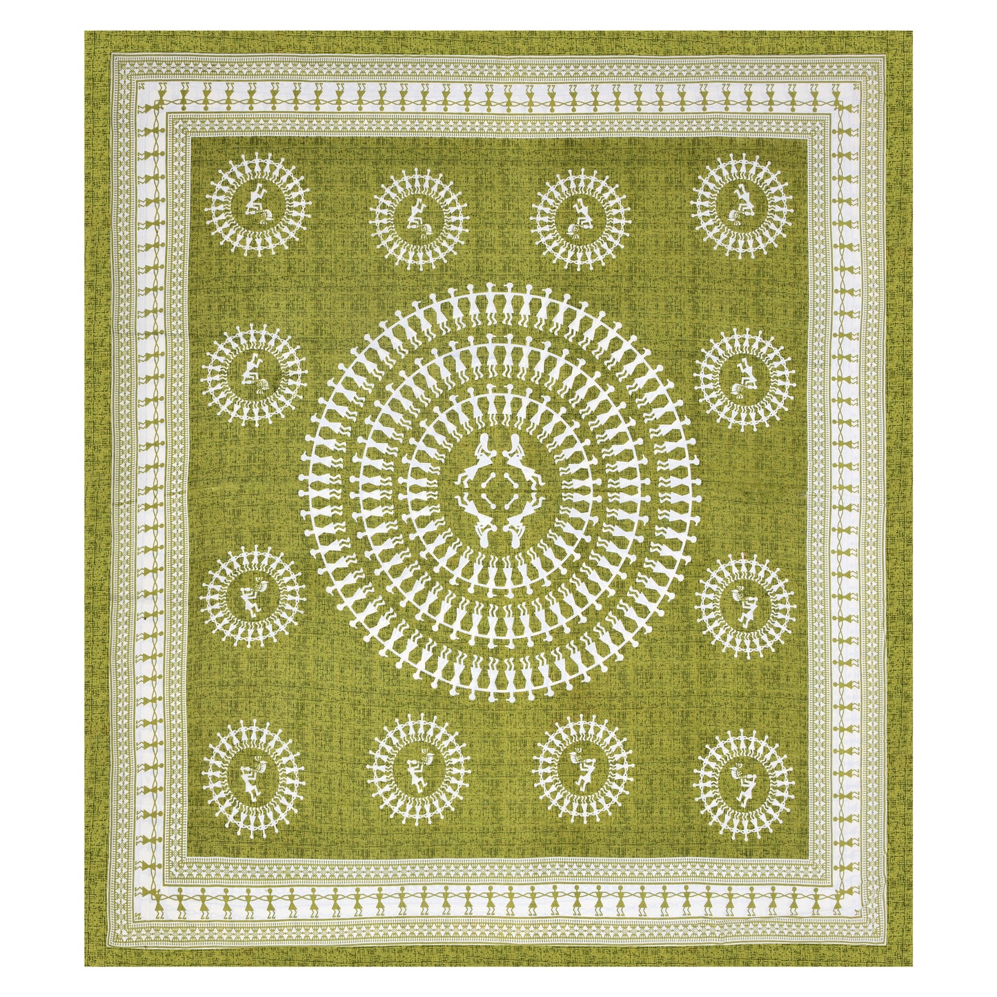 Green Warli Cotton Bedsheet – Tribal Dance Folk Art