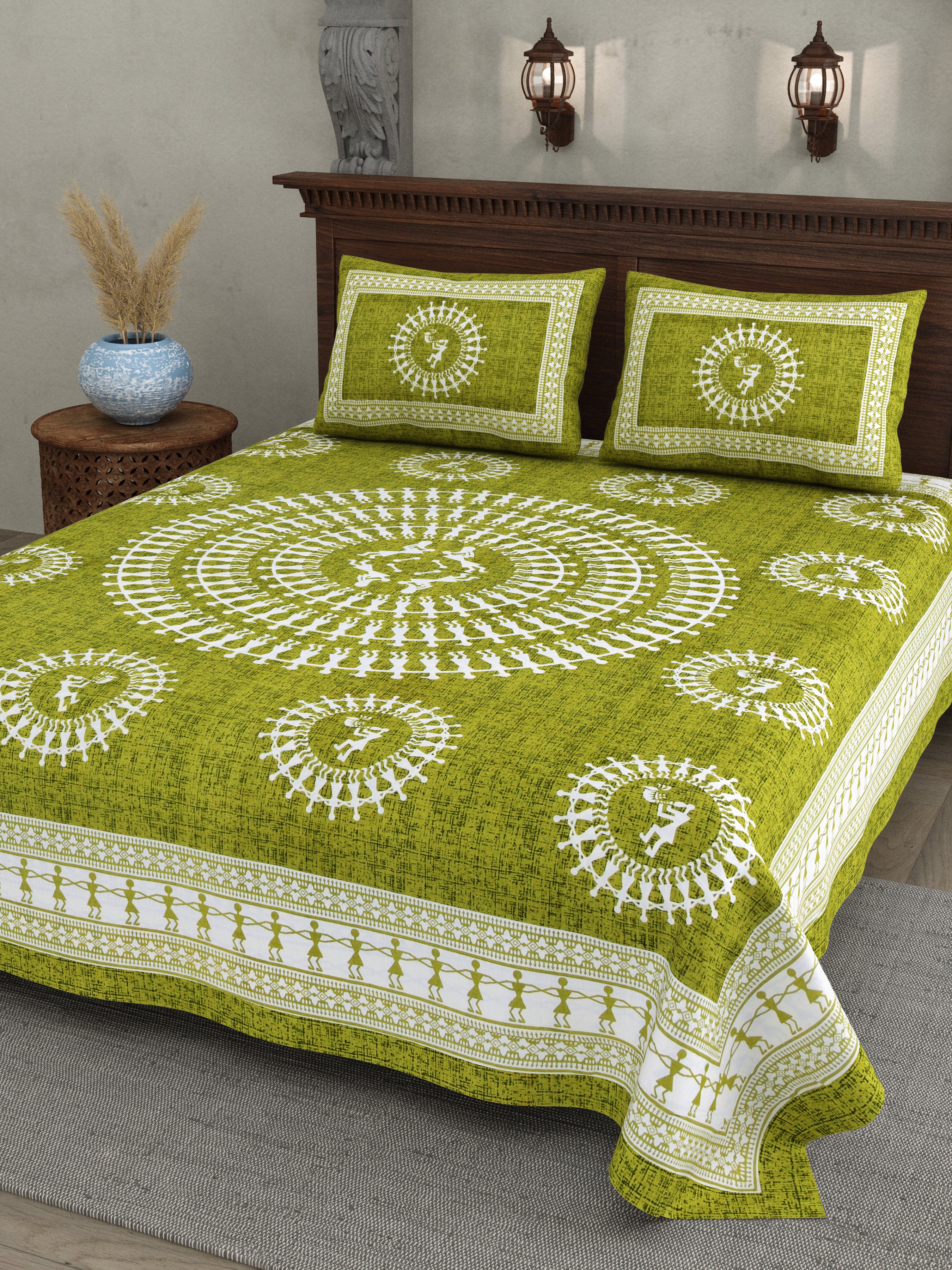 Green Warli Cotton Bedsheet – Tribal Dance Folk Art