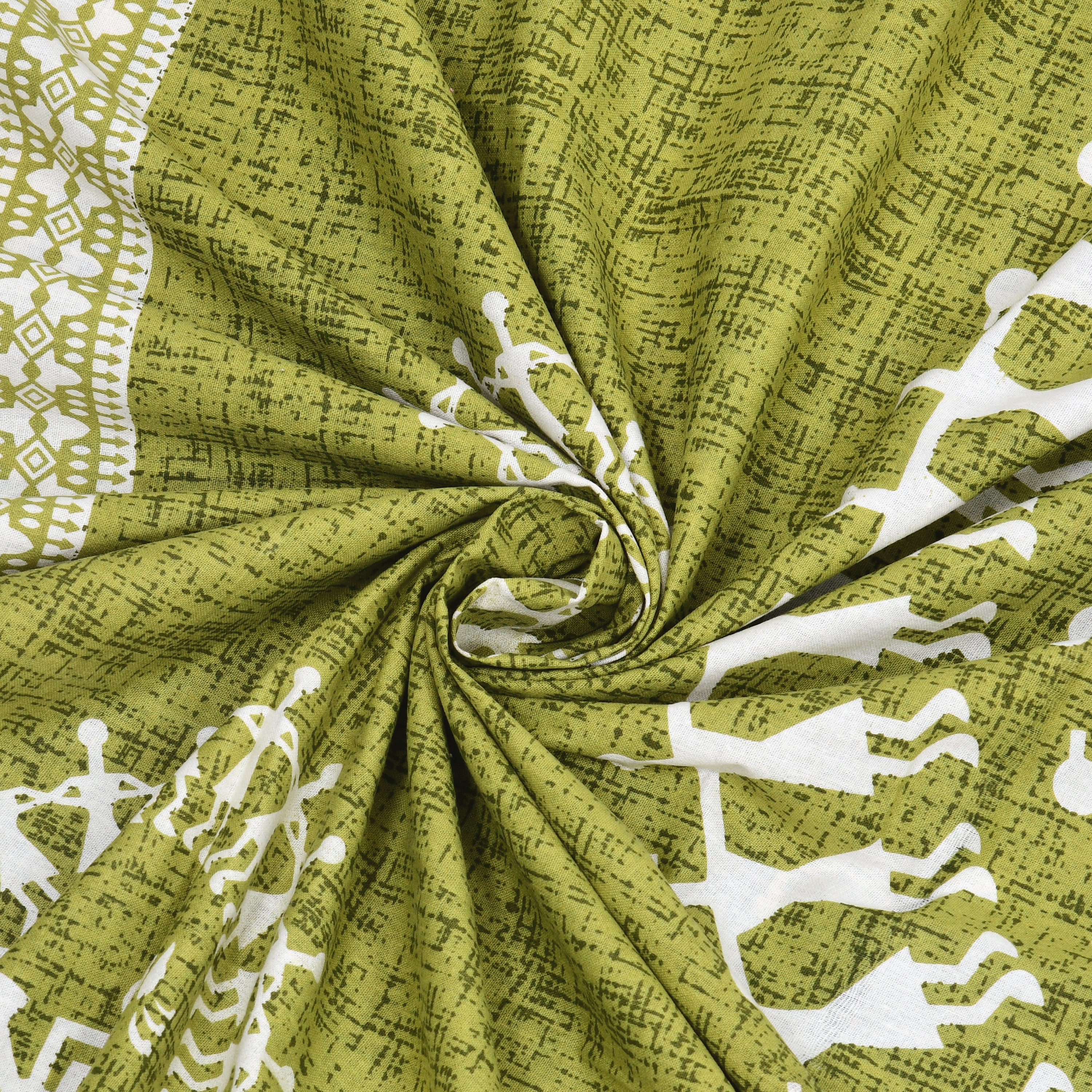 Green Warli Cotton Bedsheet – Tribal Dance Folk Art