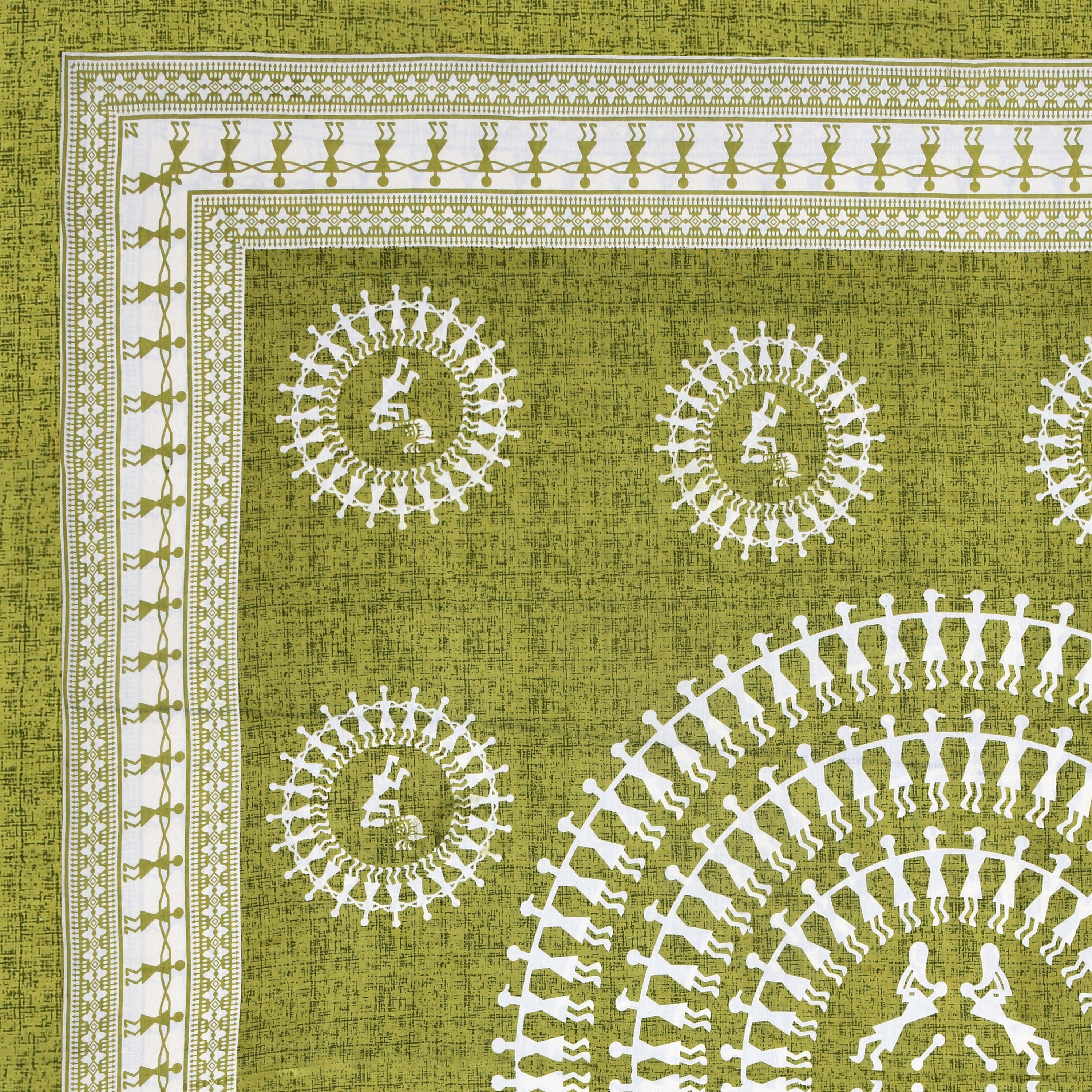 Green Warli Cotton Bedsheet – Tribal Dance Folk Art