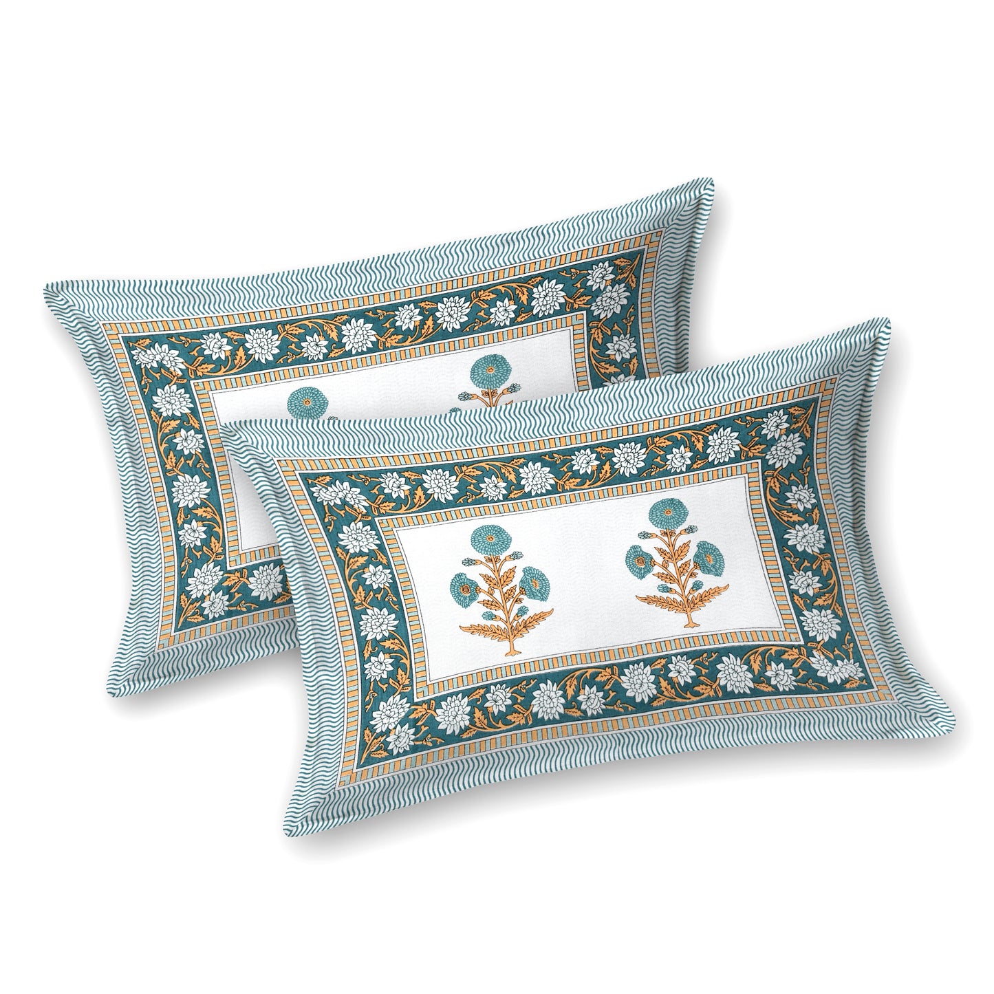 Hand Block Printed Bedsheet – Teal & Mustard Floral Motifs on White Cotton