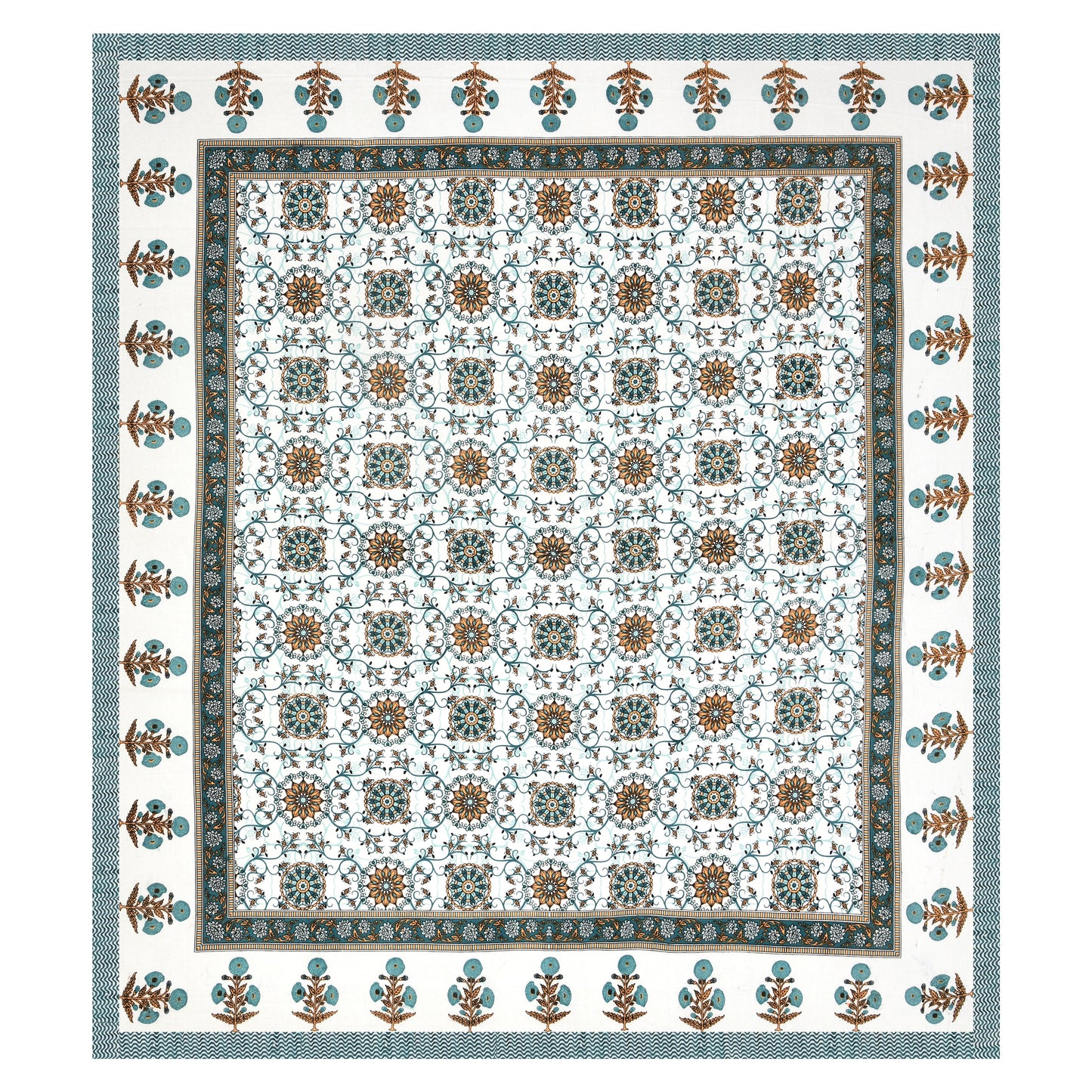 Hand Block Printed Bedsheet – Teal & Mustard Floral Motifs on White Cotton
