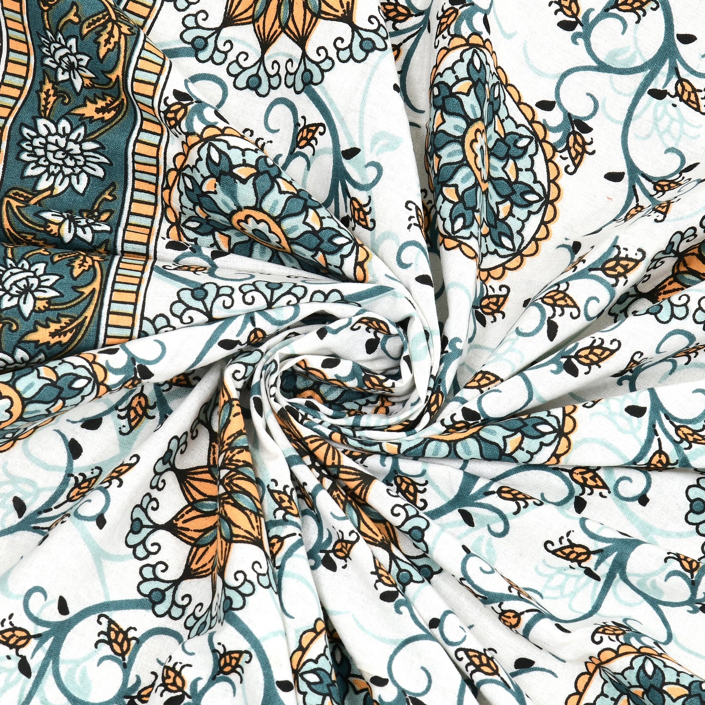Hand Block Printed Bedsheet – Teal & Mustard Floral Motifs on White Cotton