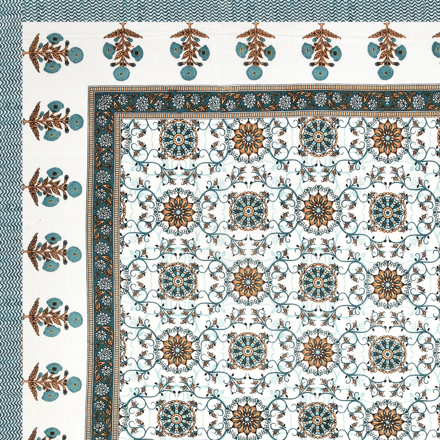 Hand Block Printed Bedsheet – Teal & Mustard Floral Motifs on White Cotton