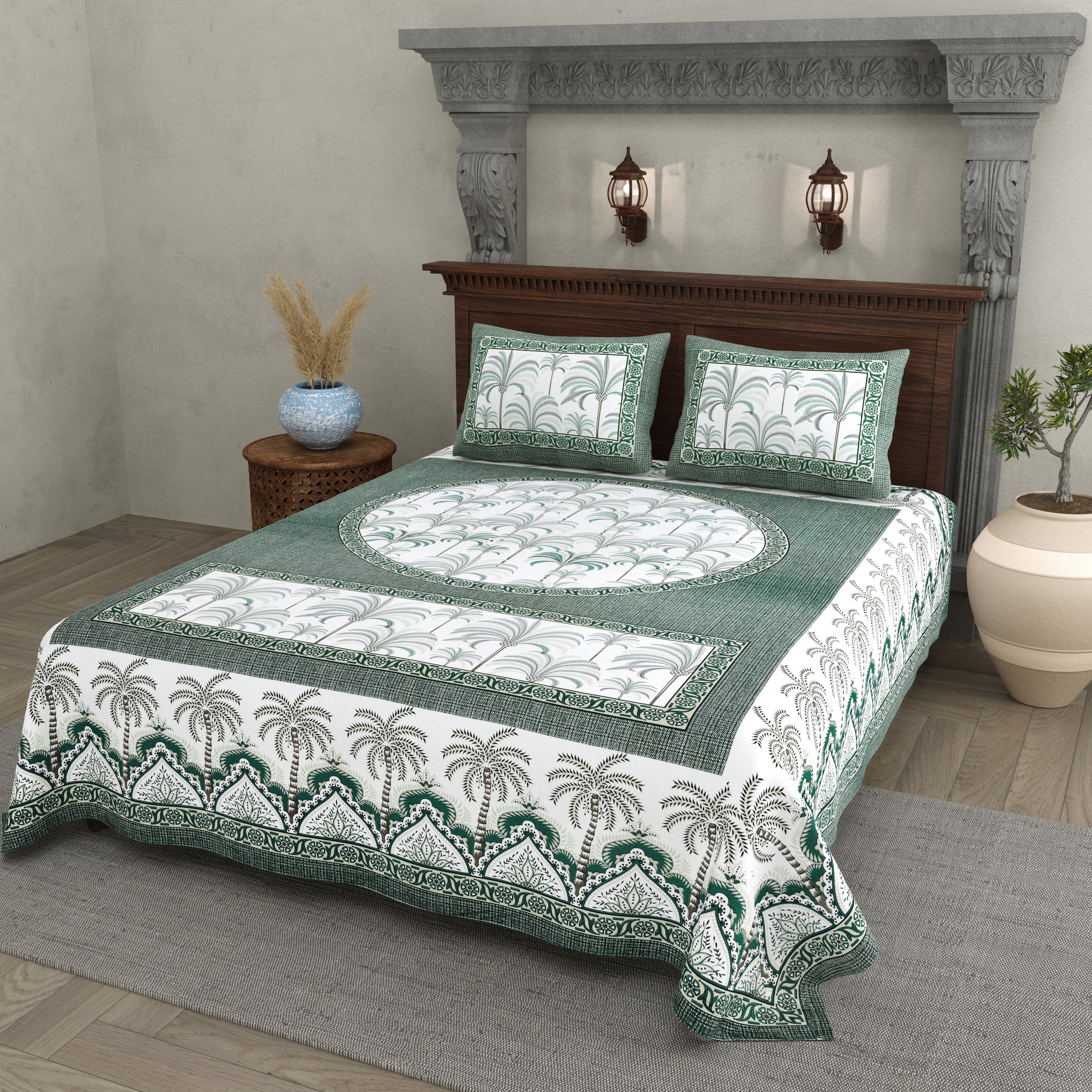 Palm Grove Cotton Bedsheet – Emerald Courtyard Charm