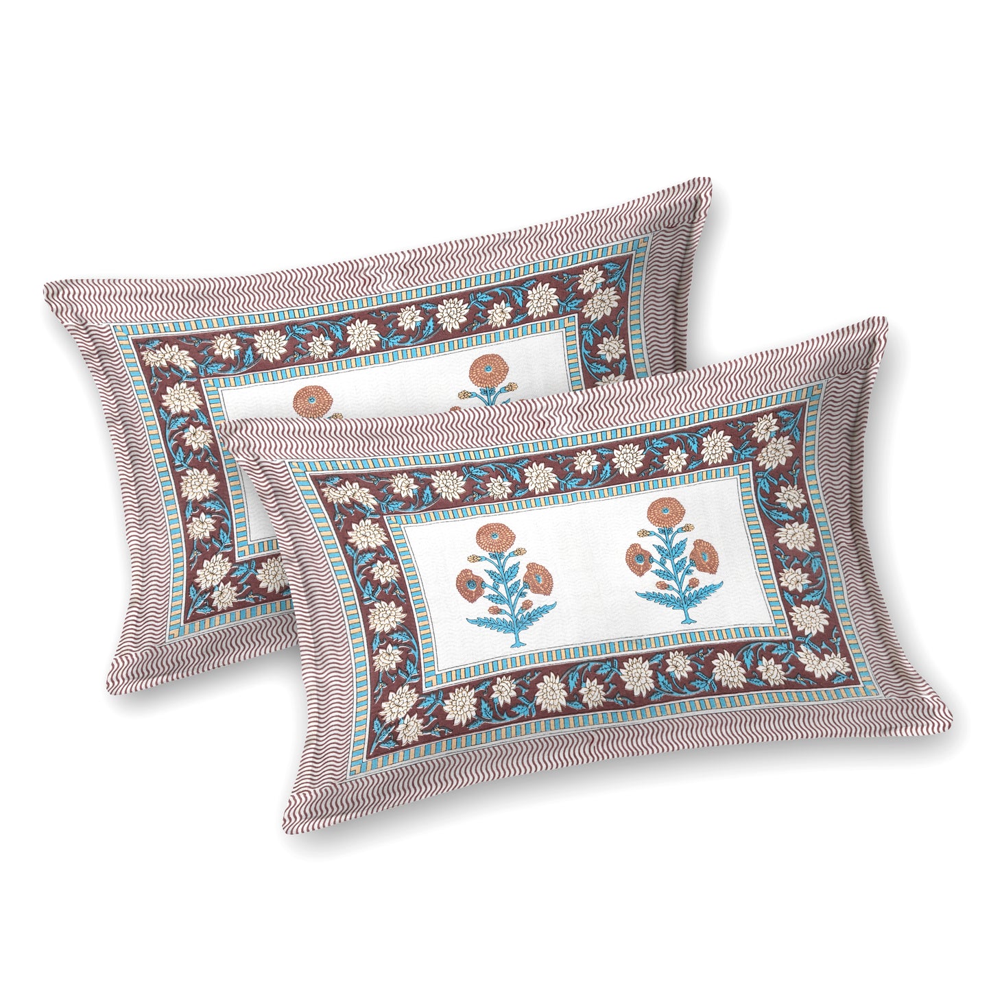 Hand Block Printed Bedsheet – Aqua & Rust Floral Vines on White Cotton