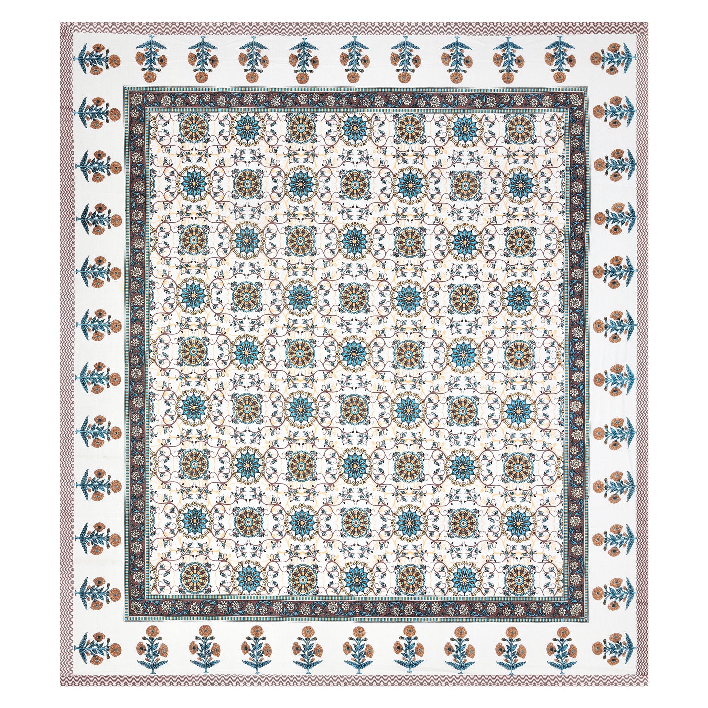 Hand Block Printed Bedsheet – Aqua & Rust Floral Vines on White Cotton