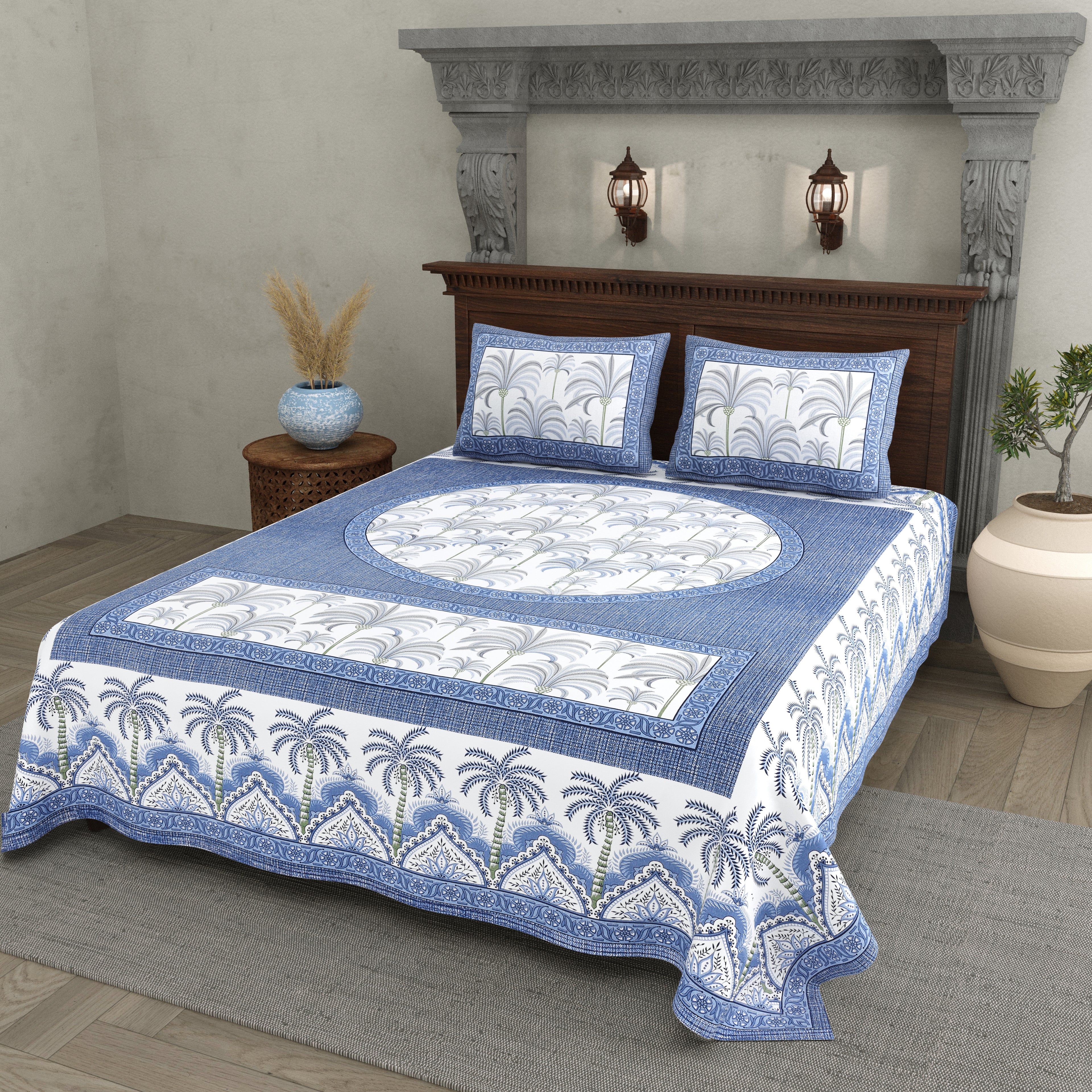 Palm Grove Cotton Bedsheet – Indigo Courtyard Calm