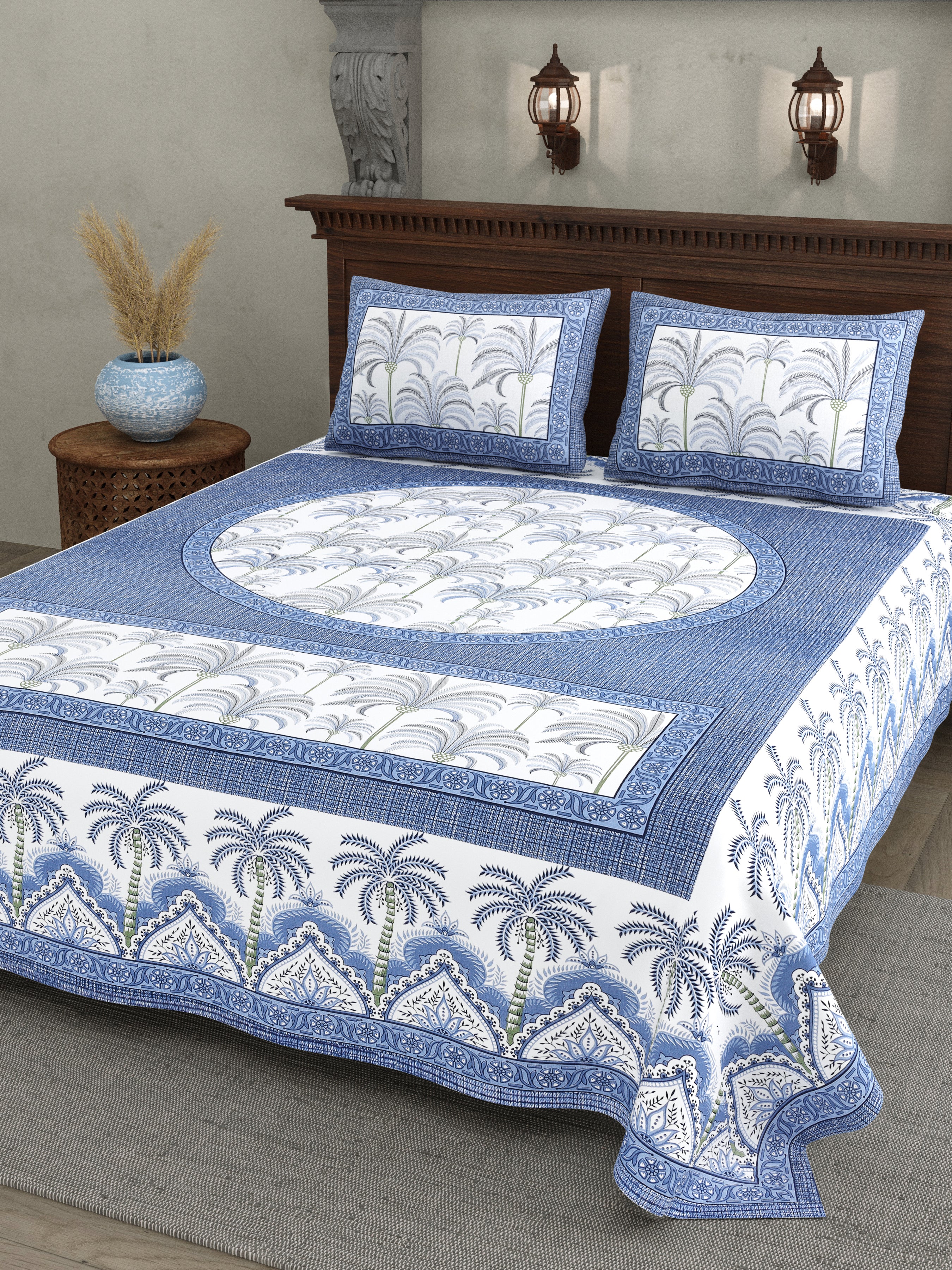 Palm Grove Cotton Bedsheet – Indigo Courtyard Calm