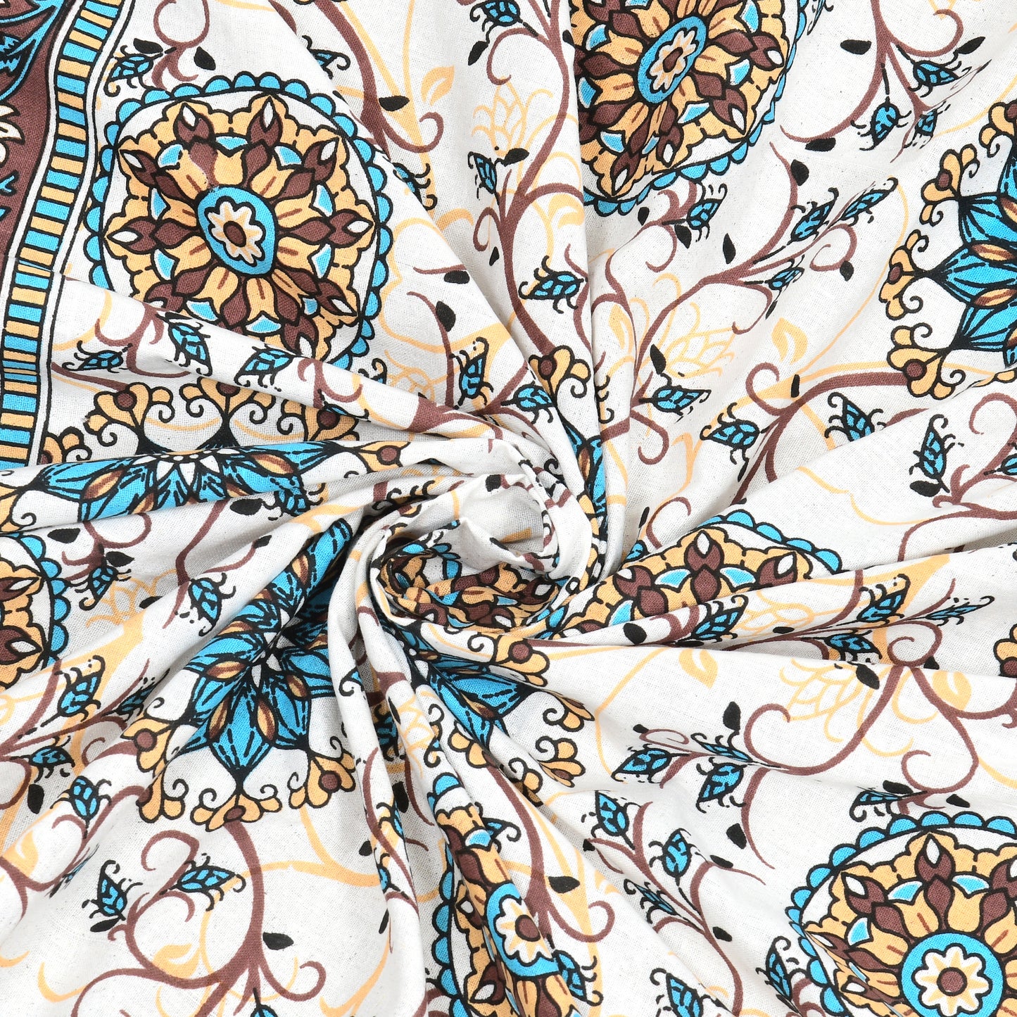 Hand Block Printed Bedsheet – Aqua & Rust Floral Vines on White Cotton