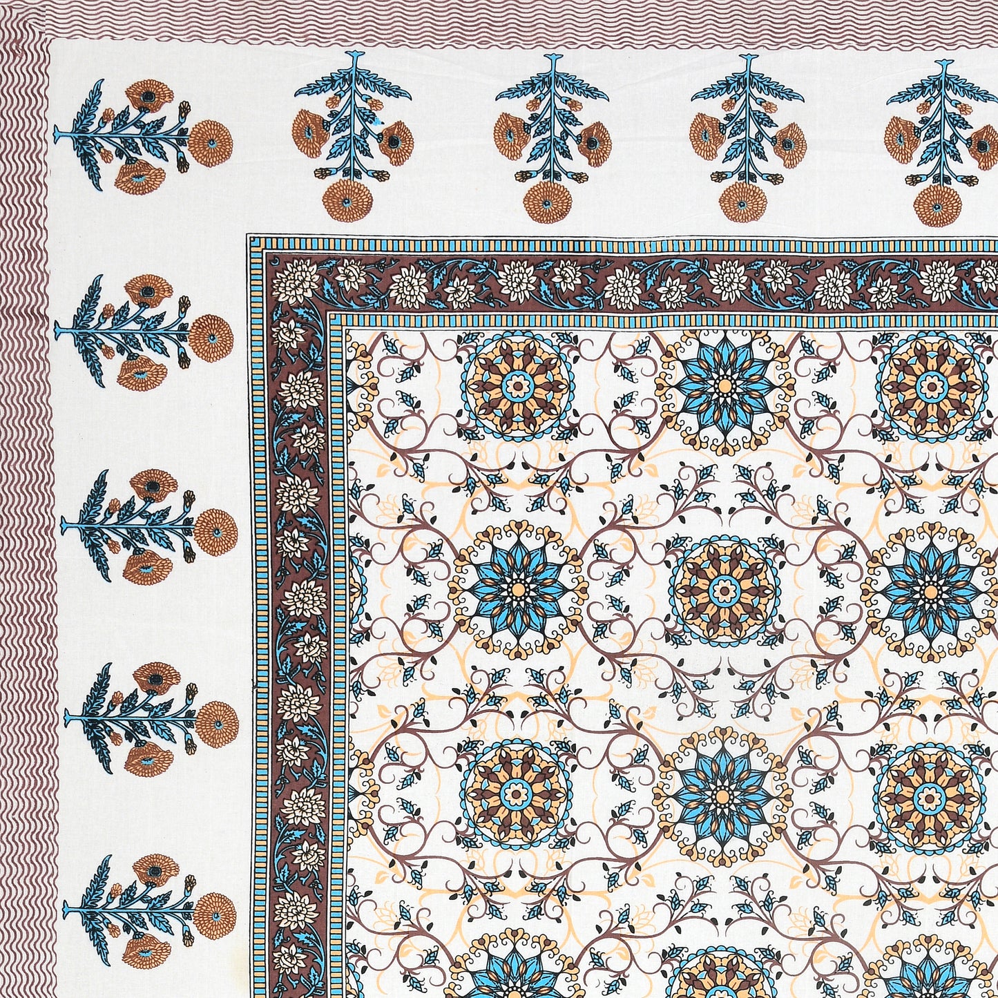 Hand Block Printed Bedsheet – Aqua & Rust Floral Vines on White Cotton