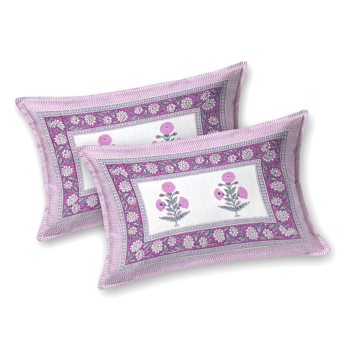 Hand Block Printed Bedsheet – Pink Floral Vines on White Cotton