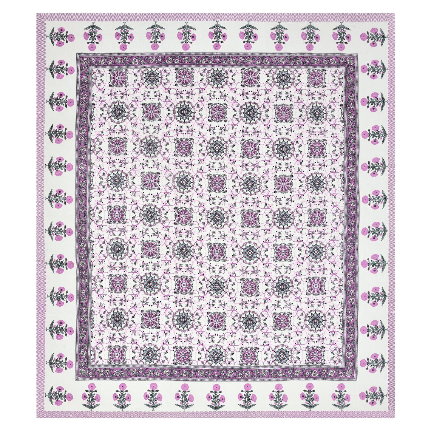 Hand Block Printed Bedsheet – Pink Floral Vines on White Cotton