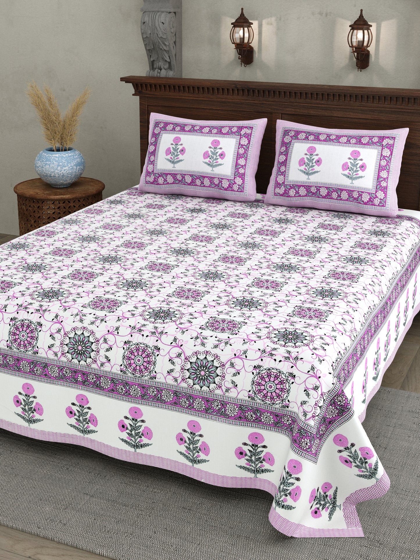 Hand Block Printed Bedsheet – Pink Floral Vines on White Cotton