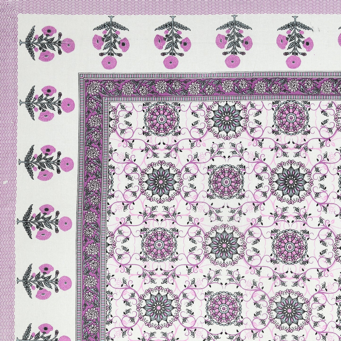 Hand Block Printed Bedsheet – Pink Floral Vines on White Cotton