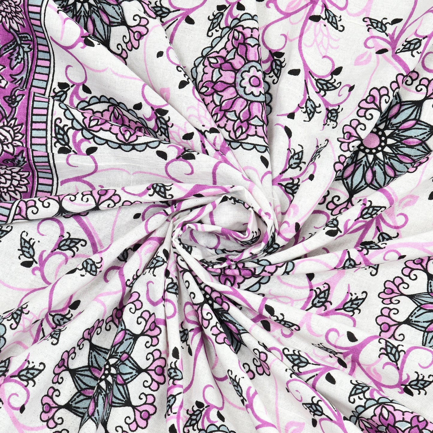 Hand Block Printed Bedsheet – Pink Floral Vines on White Cotton