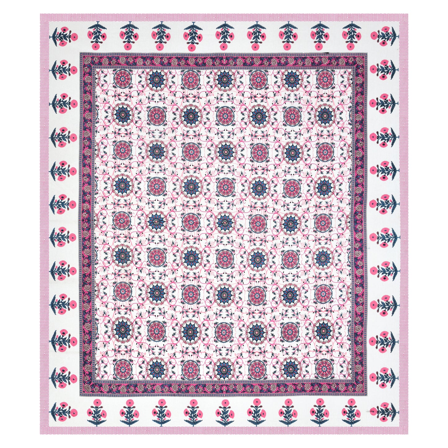 Hand Block Printed Bedsheet – Bright Pink Floral Mandala on White Cotton