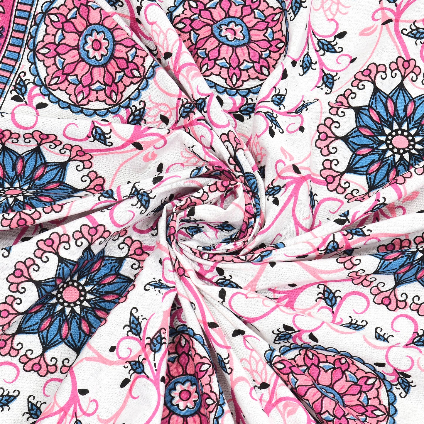 Hand Block Printed Bedsheet – Bright Pink Floral Mandala on White Cotton