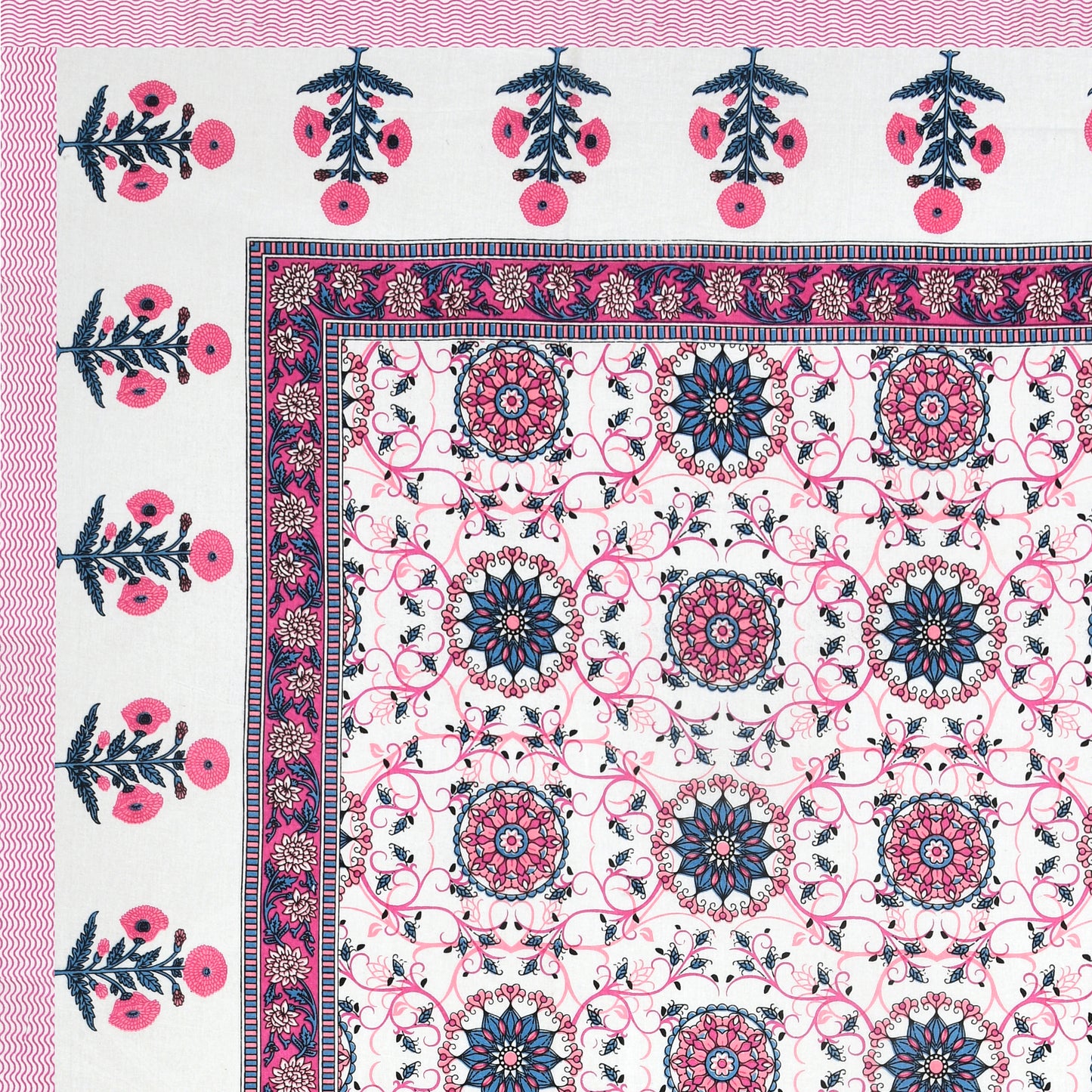 Hand Block Printed Bedsheet – Bright Pink Floral Mandala on White Cotton