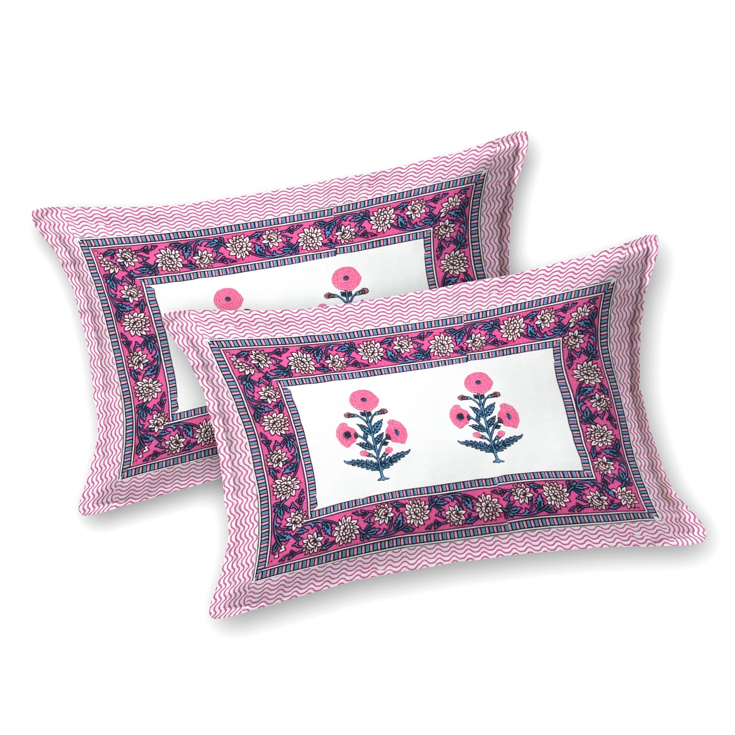 Hand Block Printed Bedsheet – Bright Pink Floral Mandala on White Cotton