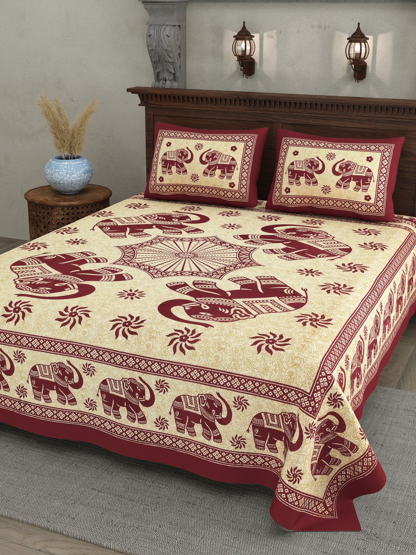 Royal Elephant Print Cotton Bedsheet – Maroon Elegance