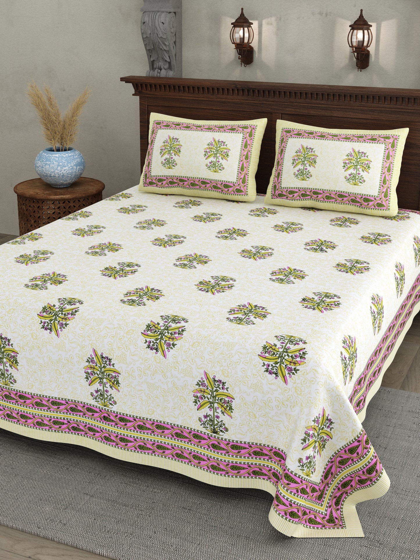 Green Planted Block Print – Cotton Bedsheet Set