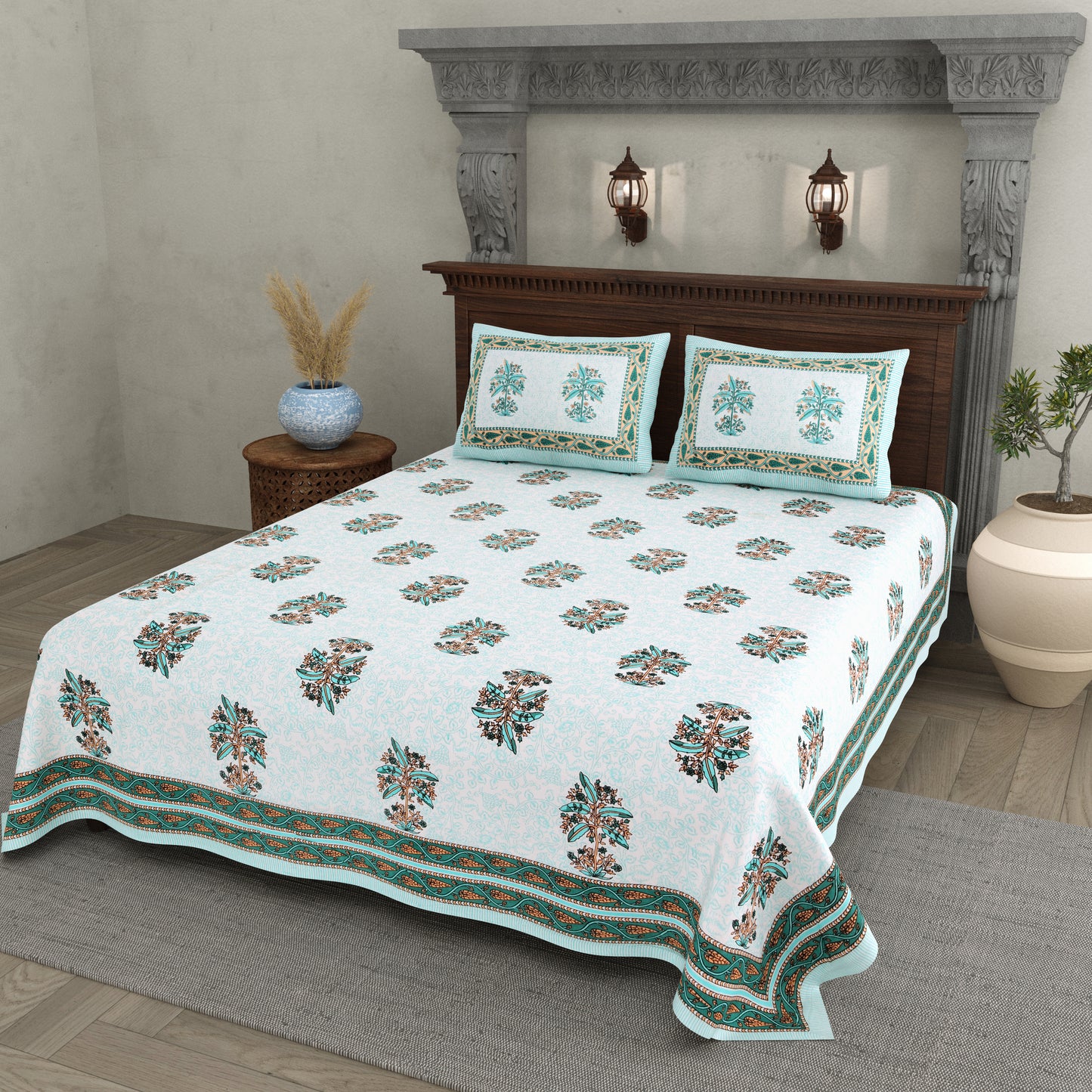 Blue Plant Block Print – Cotton Bedsheet Set