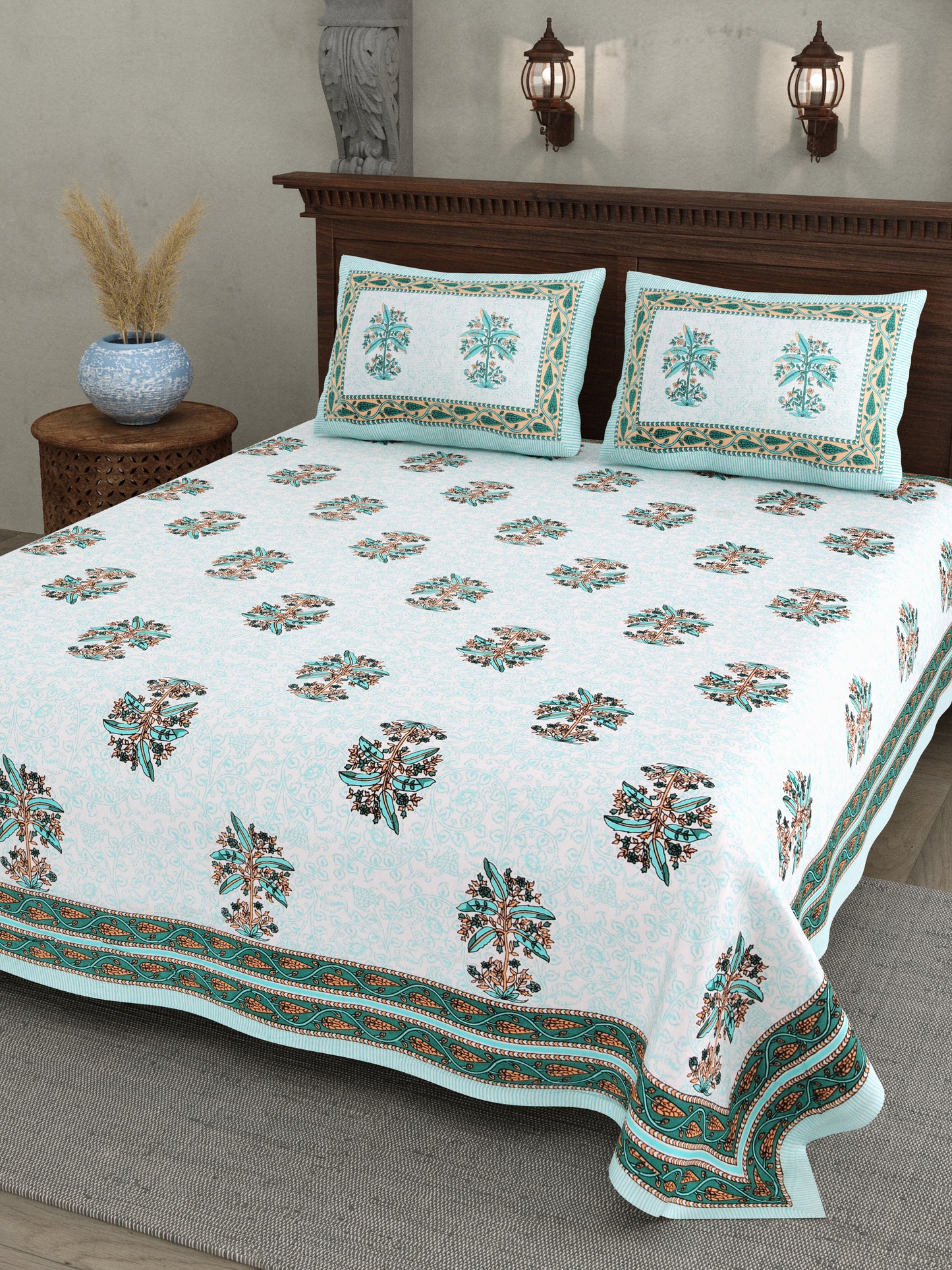 Blue Plant Block Print – Cotton Bedsheet Set