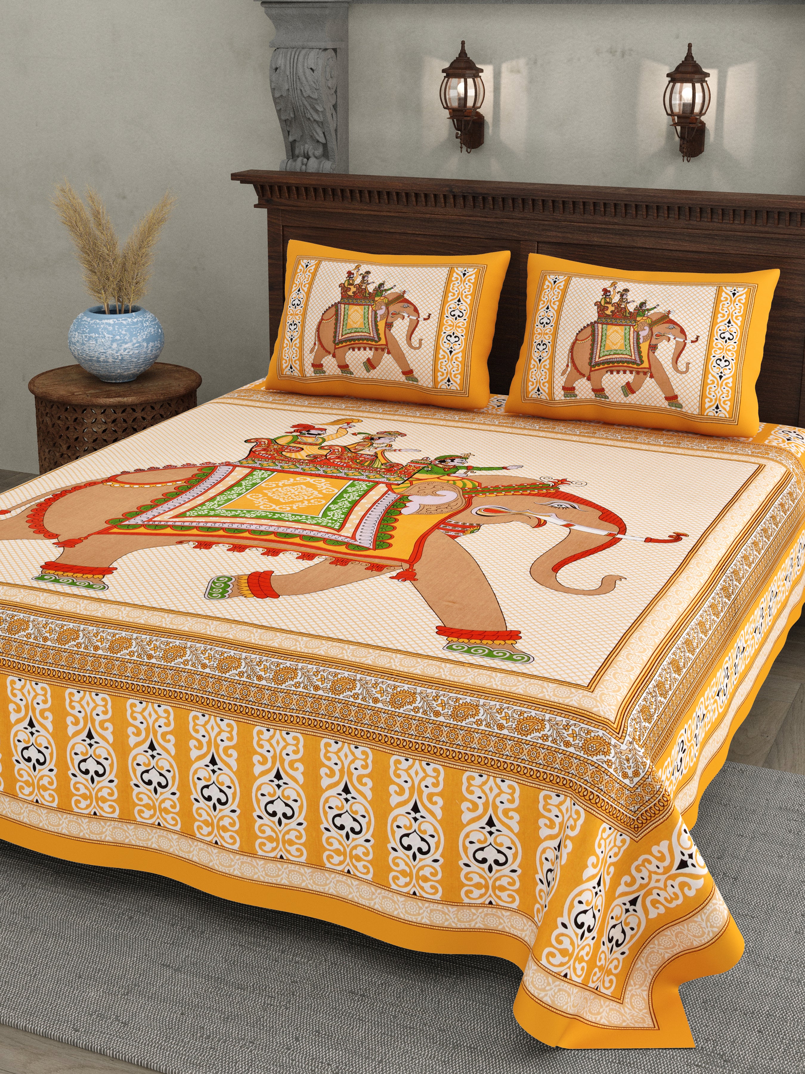 Golden Elephant Parade Cotton Bedsheet