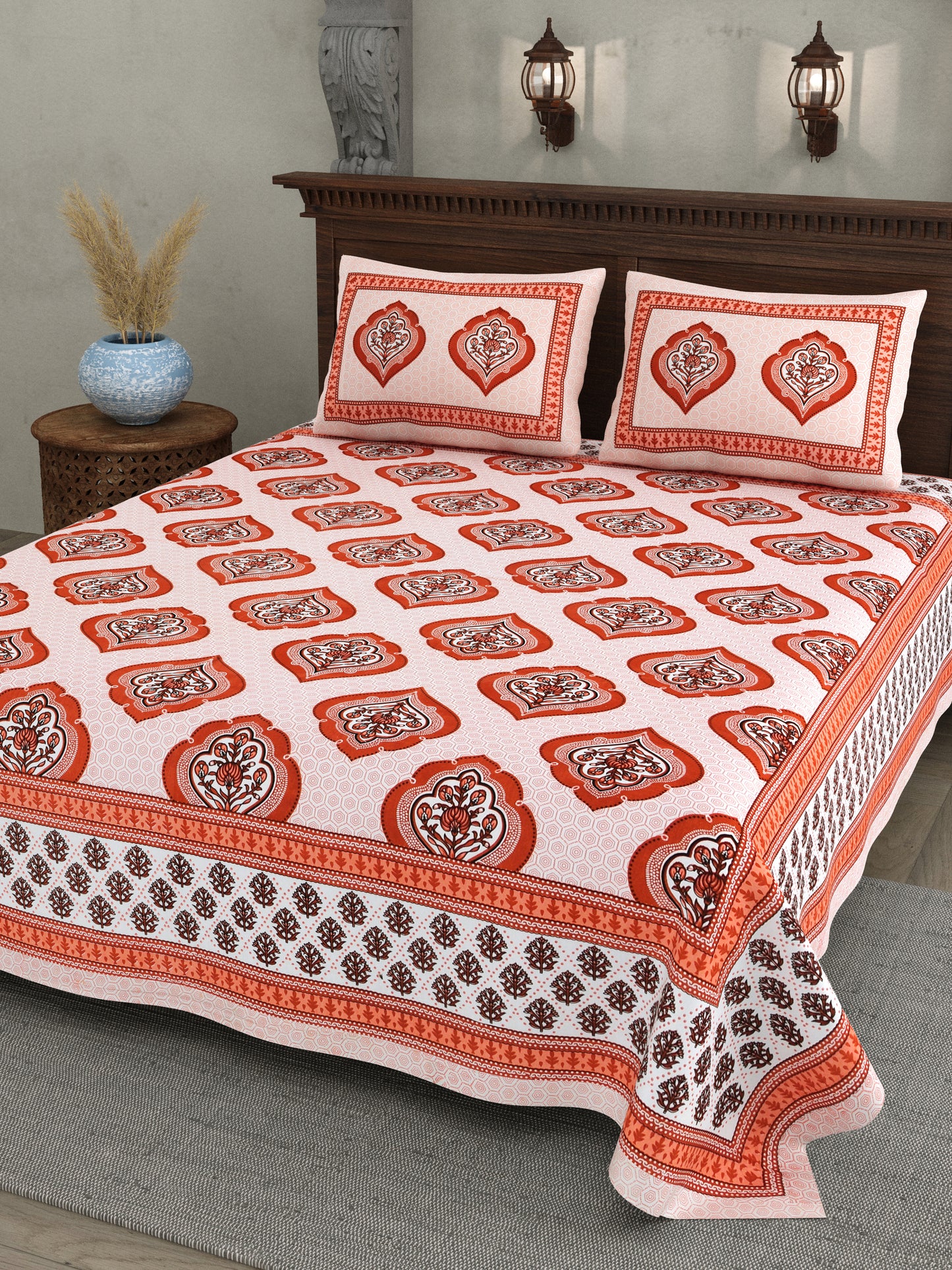 Royal Red Mughal Motif - Double Size - 100% Cotton Bedsheet