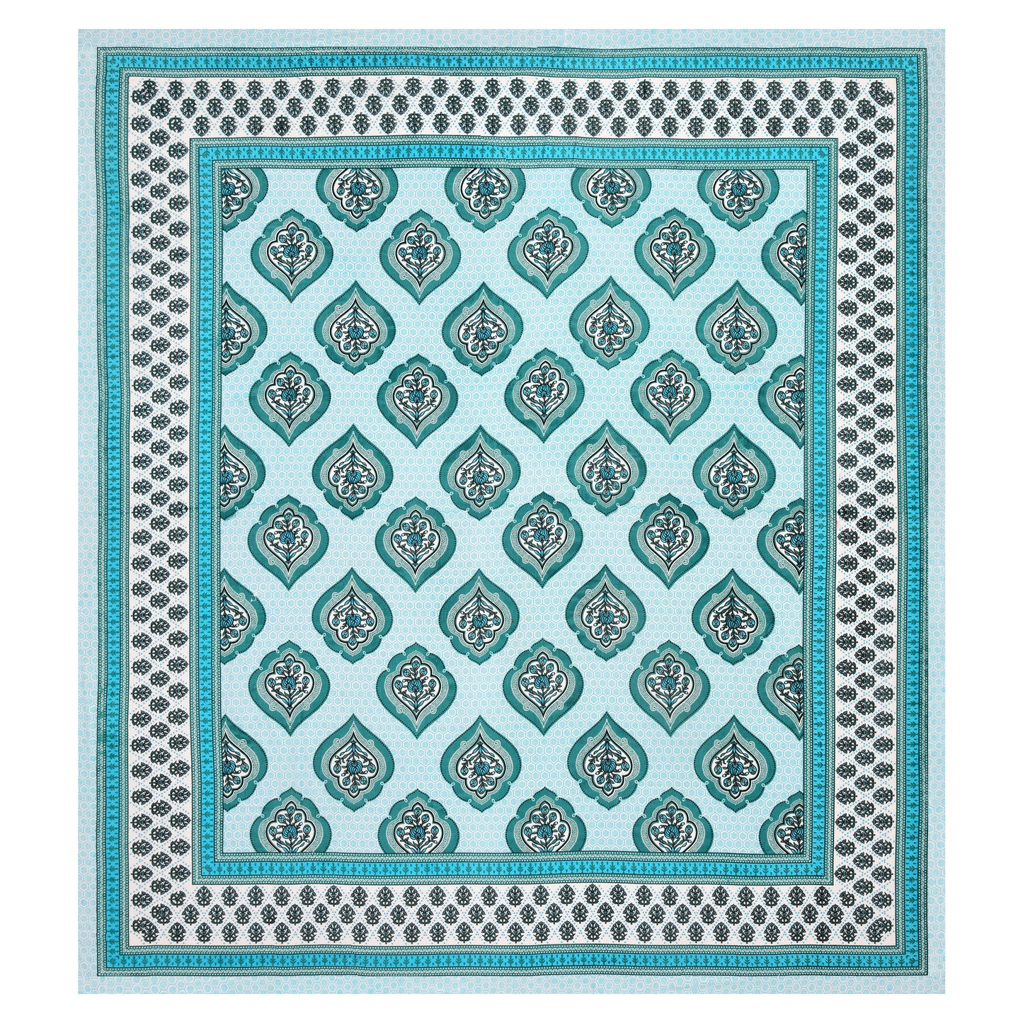 Aqua Blue Mughal Motif - Double Size - 100% Cotton Bedsheet