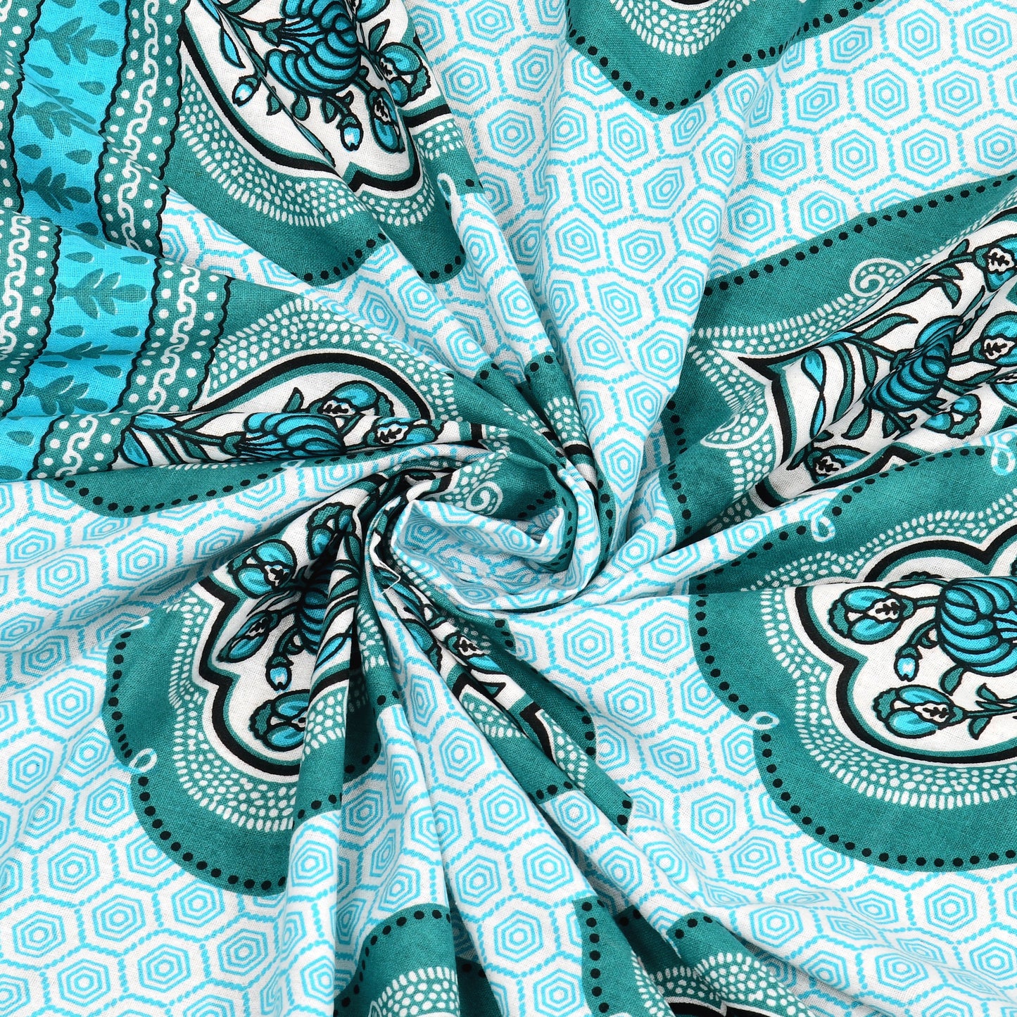 Aqua Blue Mughal Motif - Double Size - 100% Cotton Bedsheet