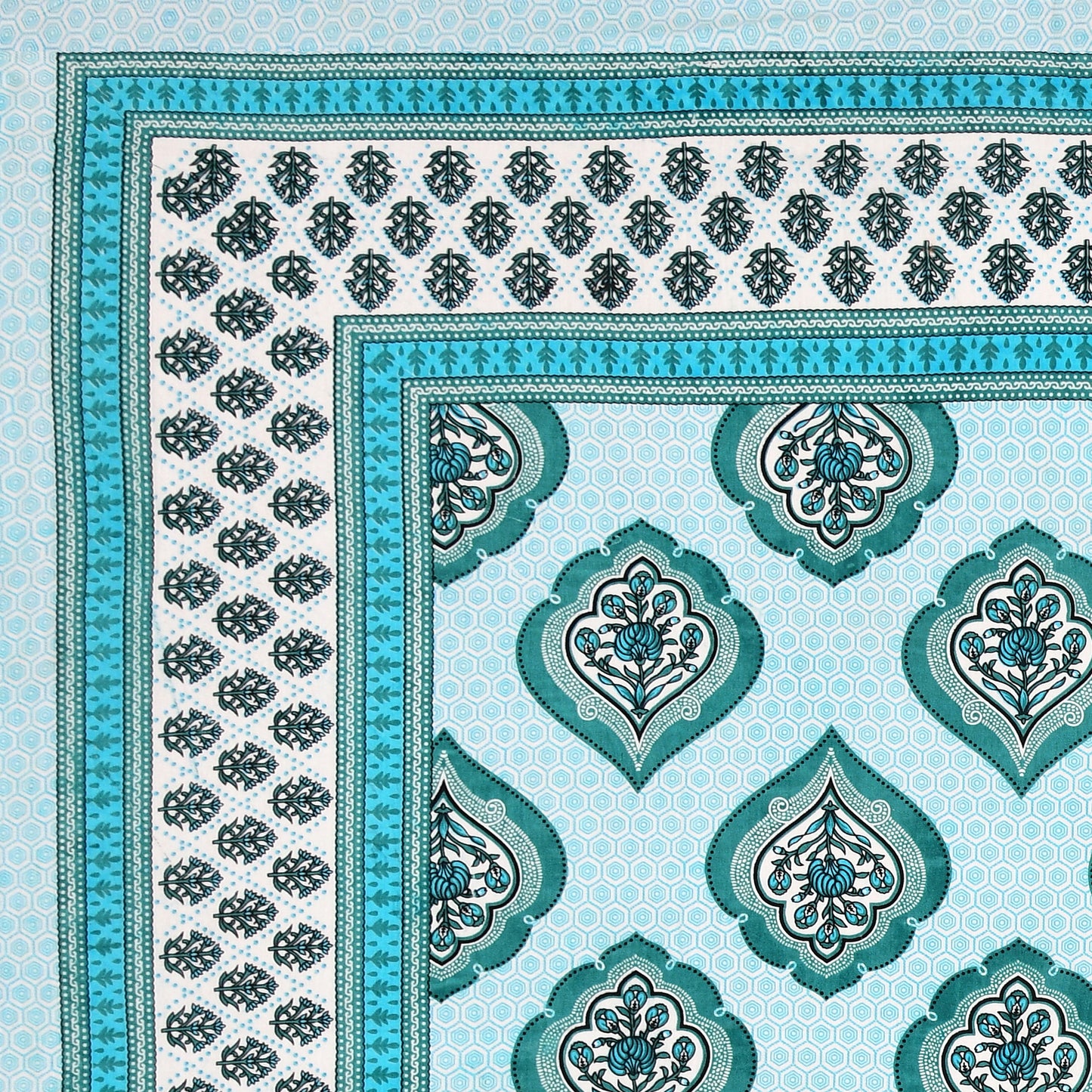 Aqua Blue Mughal Motif - Double Size - 100% Cotton Bedsheet