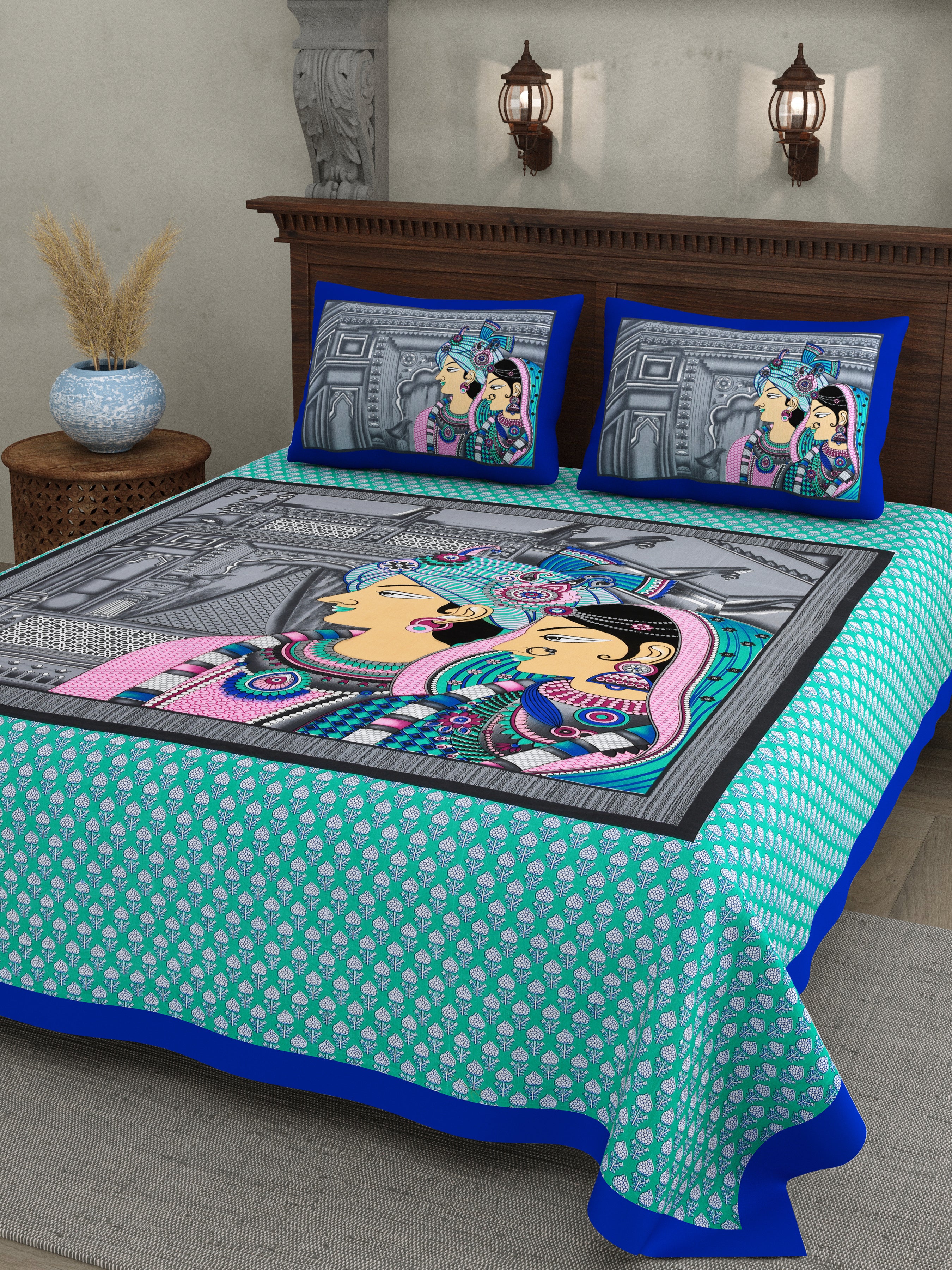 Raja Rani Print Cotton Bedsheet – Royal Teal Edition (Double Bed Size)